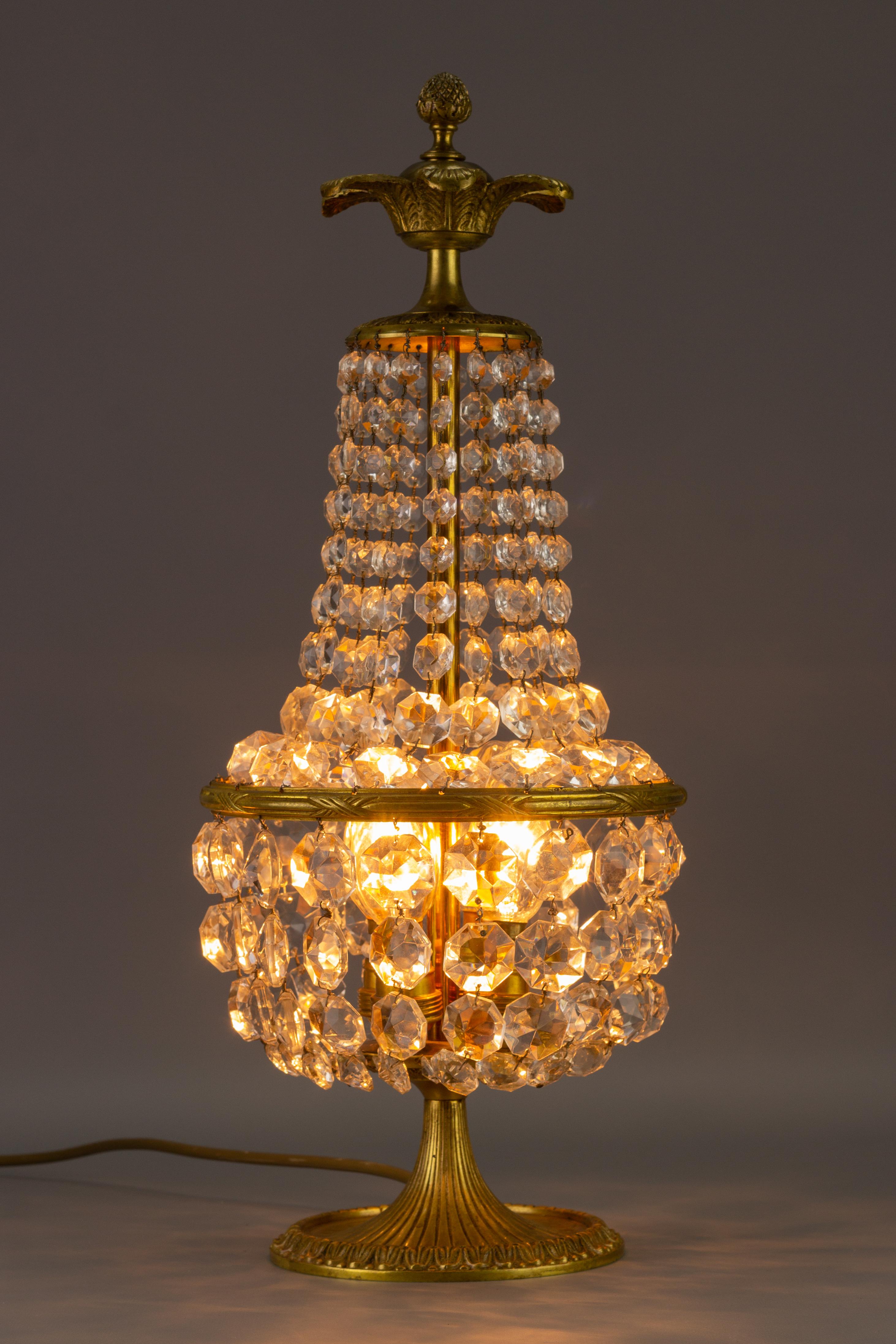 French Empire Style Crystal Glass and Bronze Four-Light Table Lamp, 1950's In Good Condition In Barntrup, DE