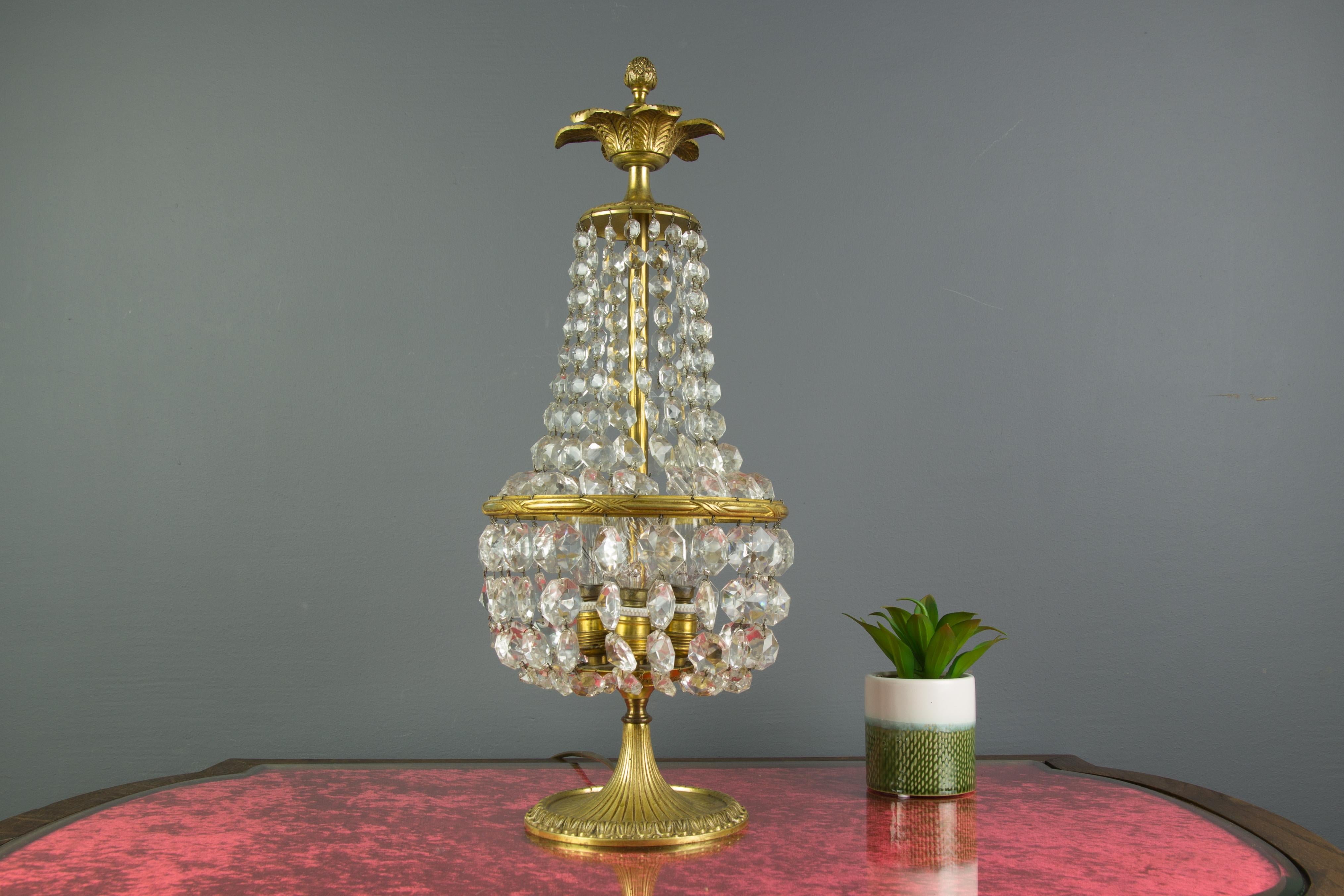 Mid-20th Century French Empire Style Crystal Glass and Bronze Three-Light Table Lamp, 1950's
