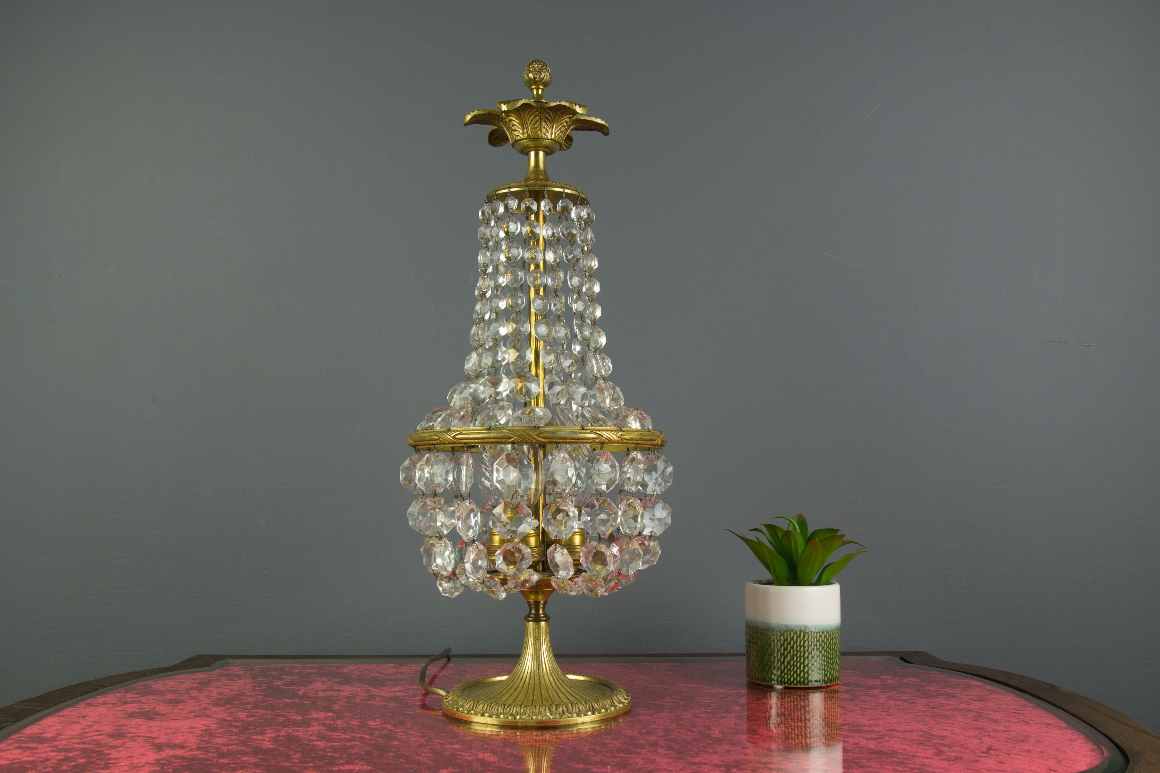 French Empire Style Crystal Glass and Bronze Three-Light Table Lamp, 1950's 2