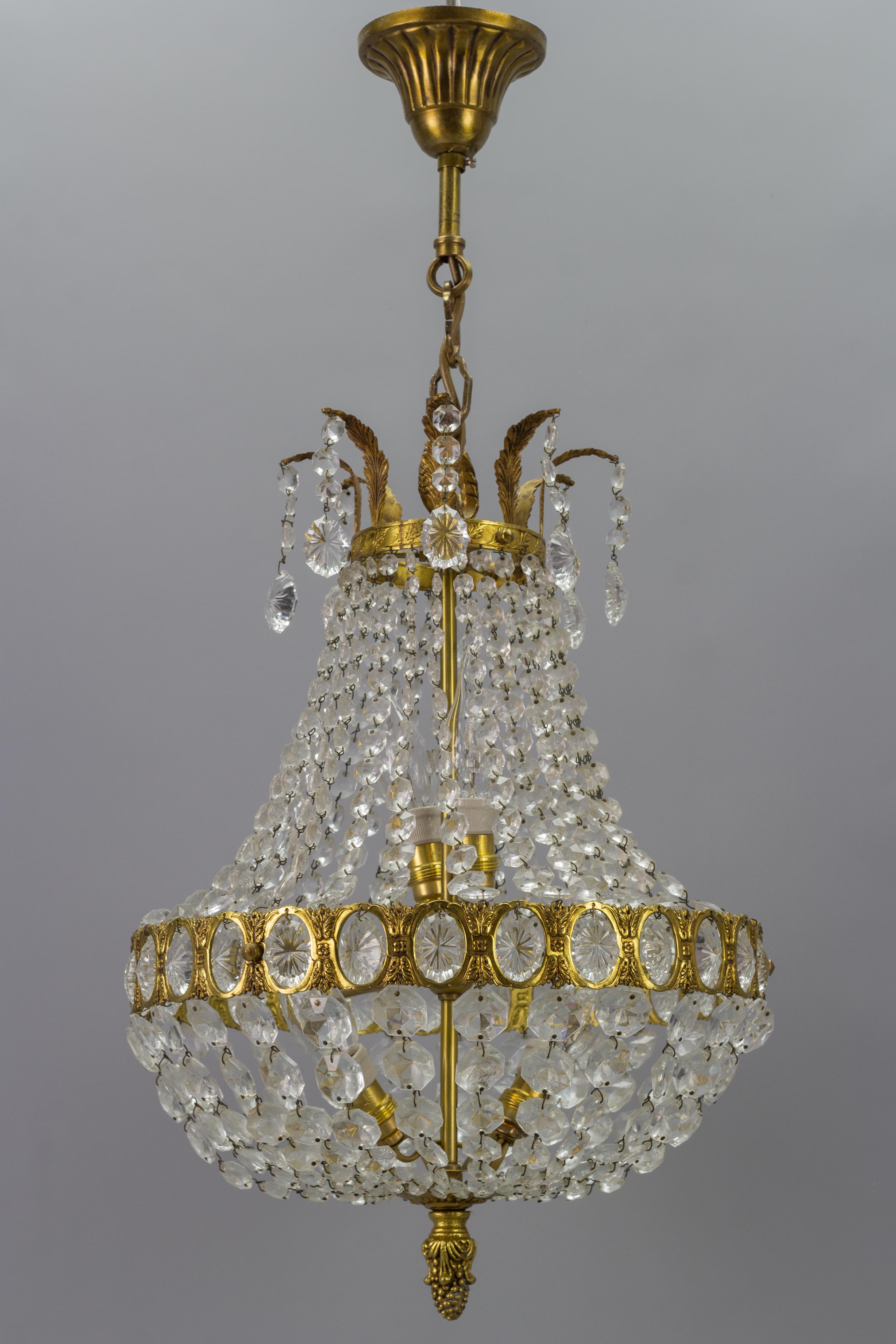 Brass French Empire Style Crystal Glass and Four-Light Basket-Shaped Chandelier For Sale