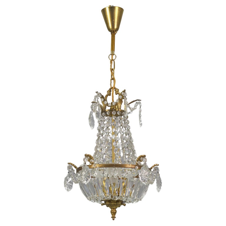 Lustre panier en bronze doré et cristal - En vente sur France