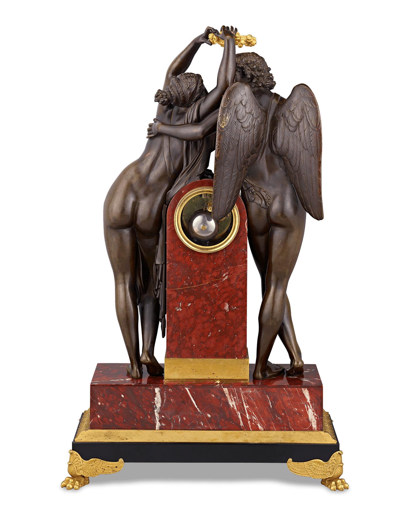 Bronze French Empire-Style Cupid and Psyche Mantel Clock