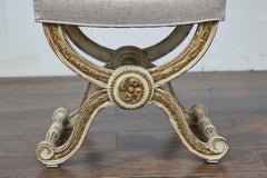 French Empire Style Curule Stool with Gilded Accents and Linen Upholstery