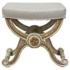 French Empire Style Curule Stool with Gilded Accents and Linen Upholstery