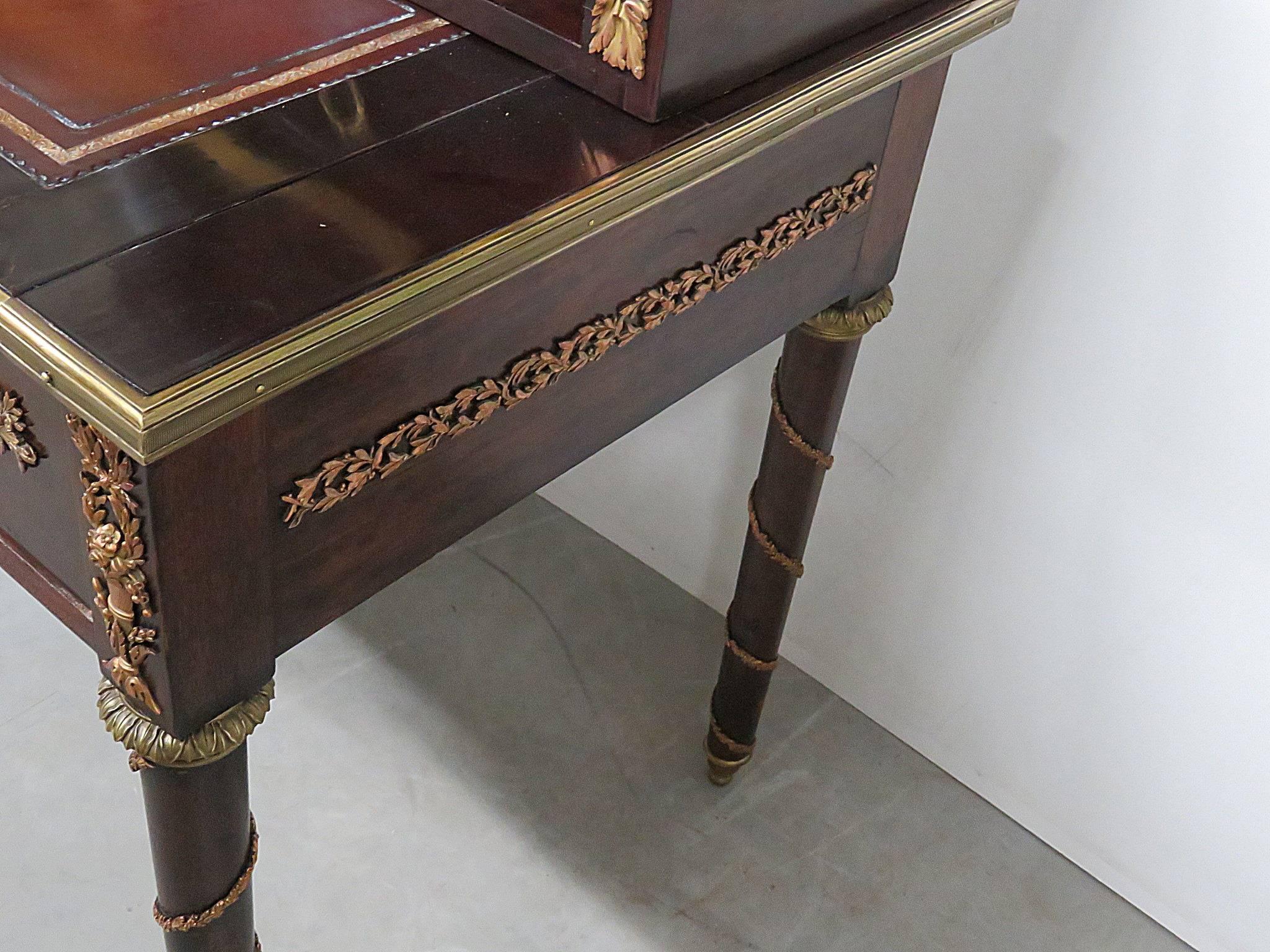 Bronze Mounted Mahogany French Louis XVI Style Leather Top Writing Table Desk 2