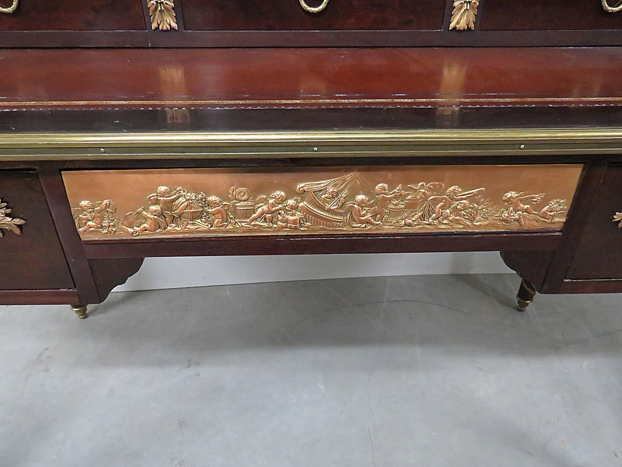 Empire Bronze Mounted Mahogany French Louis XVI Style Leather Top Writing Table Desk