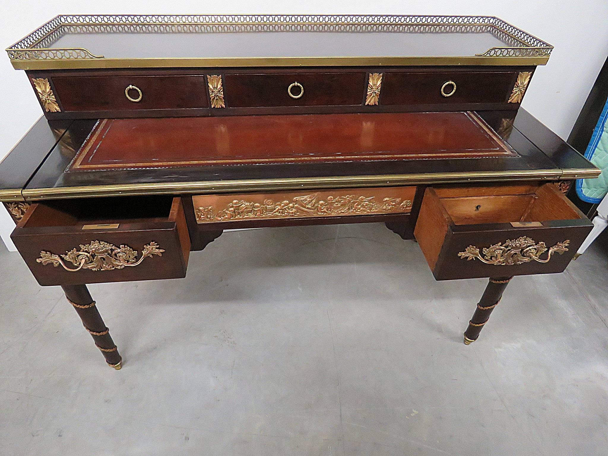 20th Century Bronze Mounted Mahogany French Louis XVI Style Leather Top Writing Table Desk