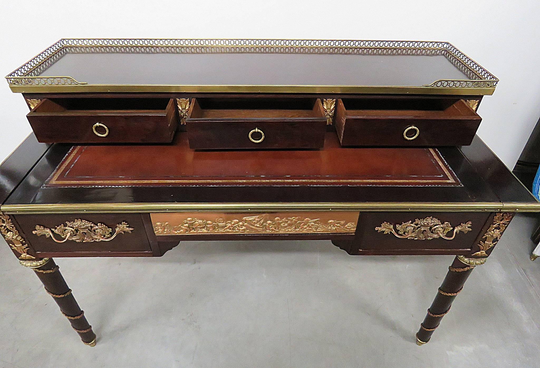 Brass Bronze Mounted Mahogany French Louis XVI Style Leather Top Writing Table Desk