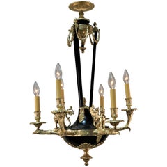 French Empire Style Dore Bronze Chandelier with Sphinx and Eagle Sculpture