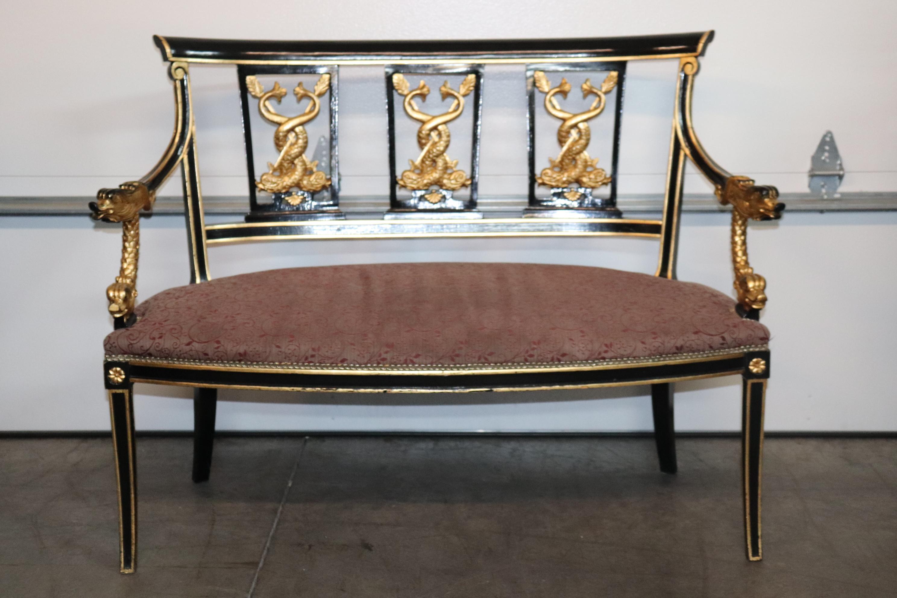 Empire Revival French Empire Style Ebonized Giltwood Carved Dolphins Settee Circa 1950 For Sale