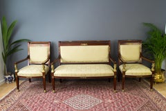 French Empire Style Walnut, Bronze, and Marble Table and Chairs Living Room Set