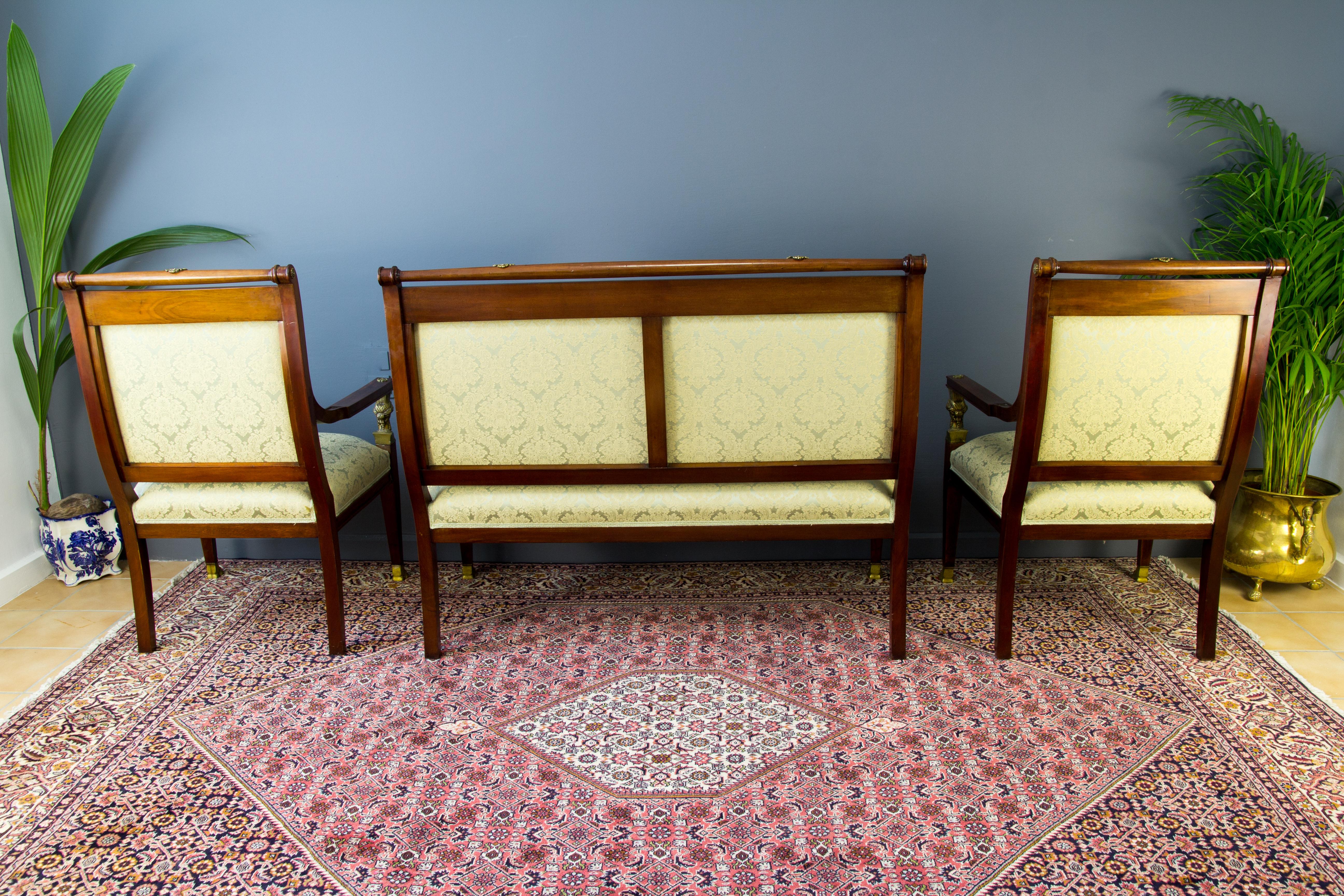 Early 20th Century French Empire Style Walnut, Bronze, and Marble Table and Chairs Living Room Set For Sale