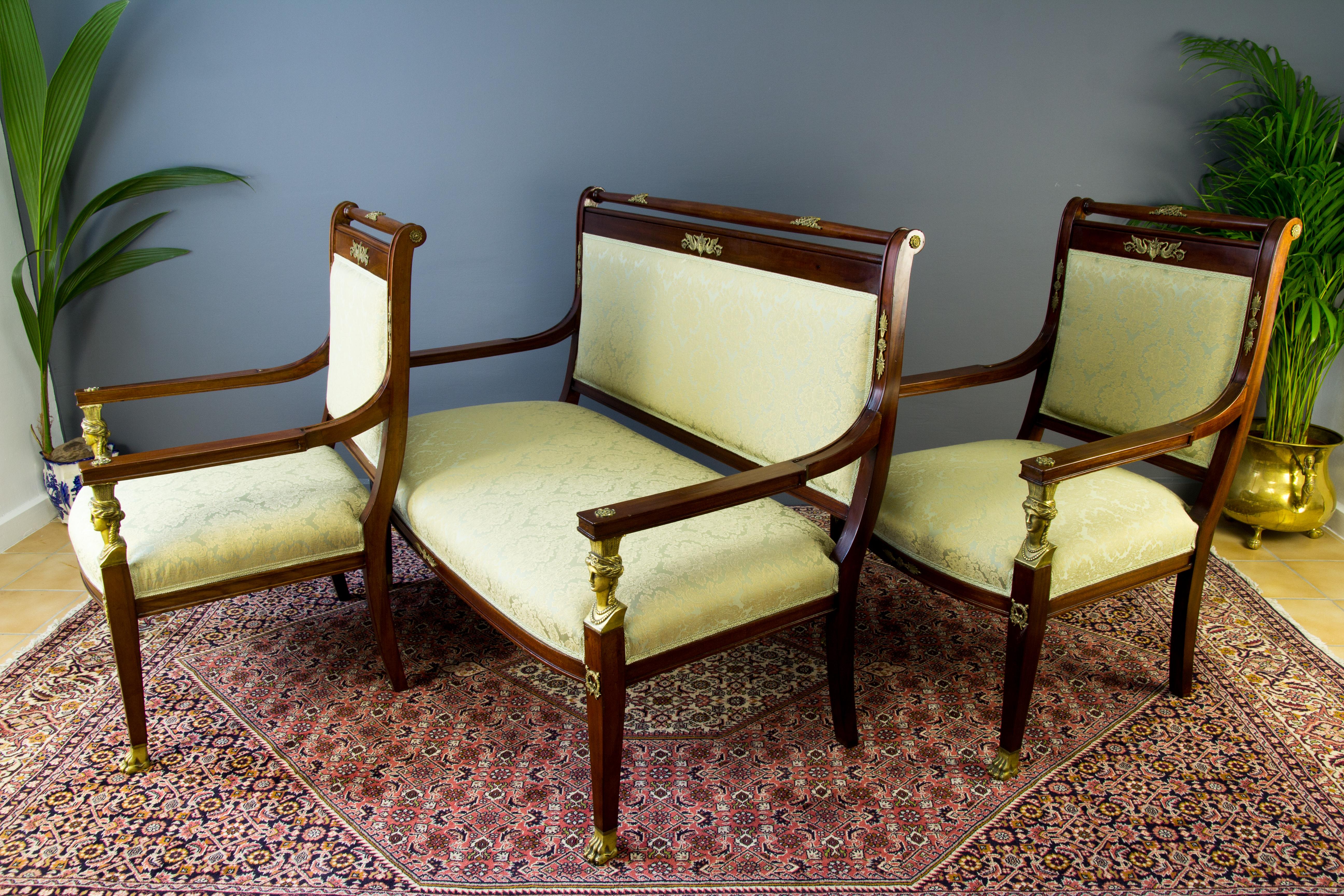 French Empire Style Walnut, Bronze, and Marble Table and Chairs Living Room Set For Sale 2