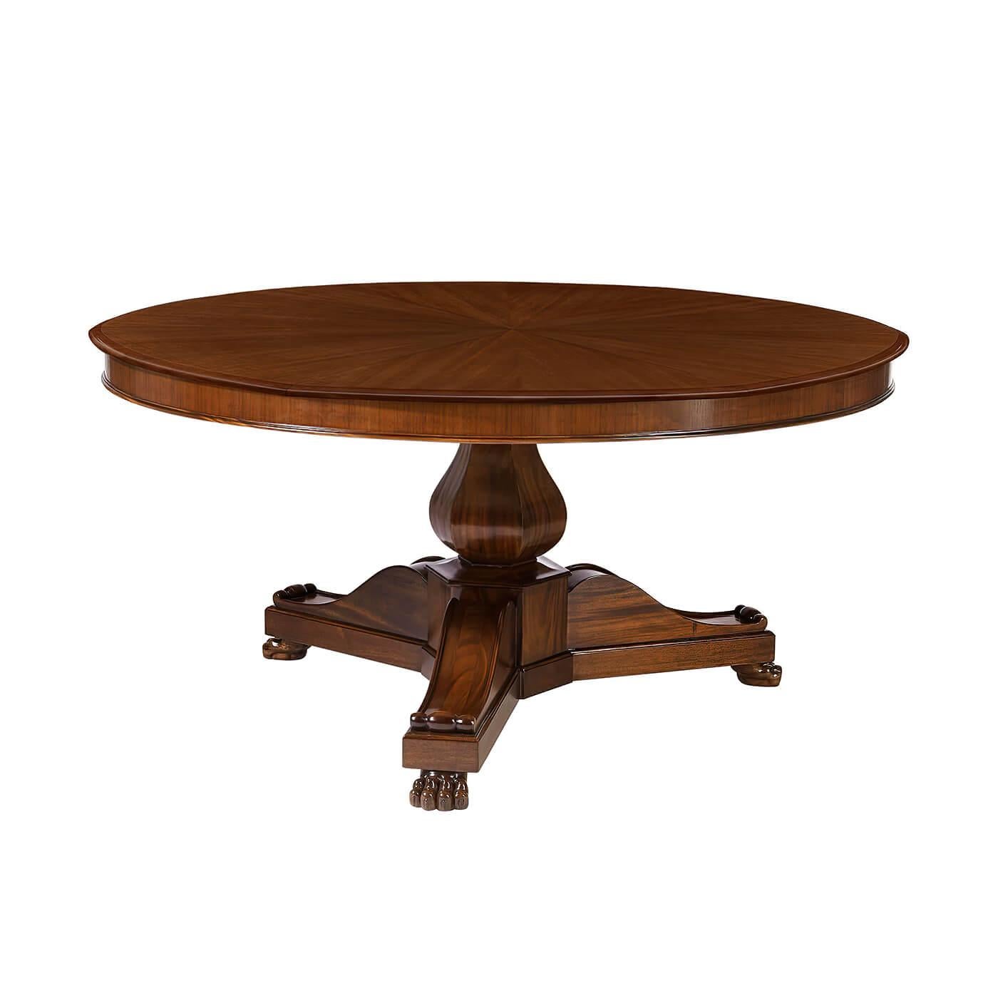 French Style extension dining table with carved pedestal, inset fold-out leaves, scrolled tri-base, and carved claw feet, with radiating veneer top. The table seats up to nine people when open.
Shown in Kings Finish
Self-Storing