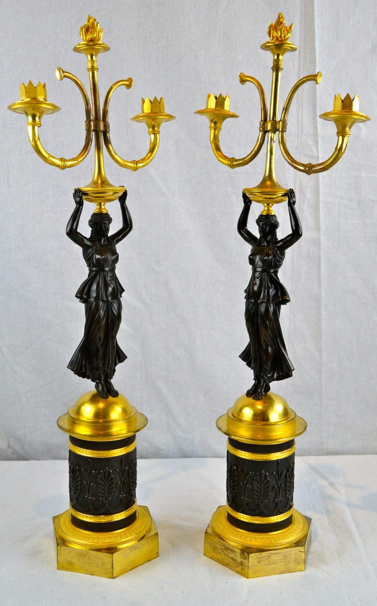 Gilt French Empire Style Figural Candelabra, Pair For Sale