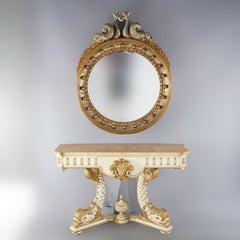 French Empire Style Figural Polychromed Console & Mirror with Dolphins 20thC