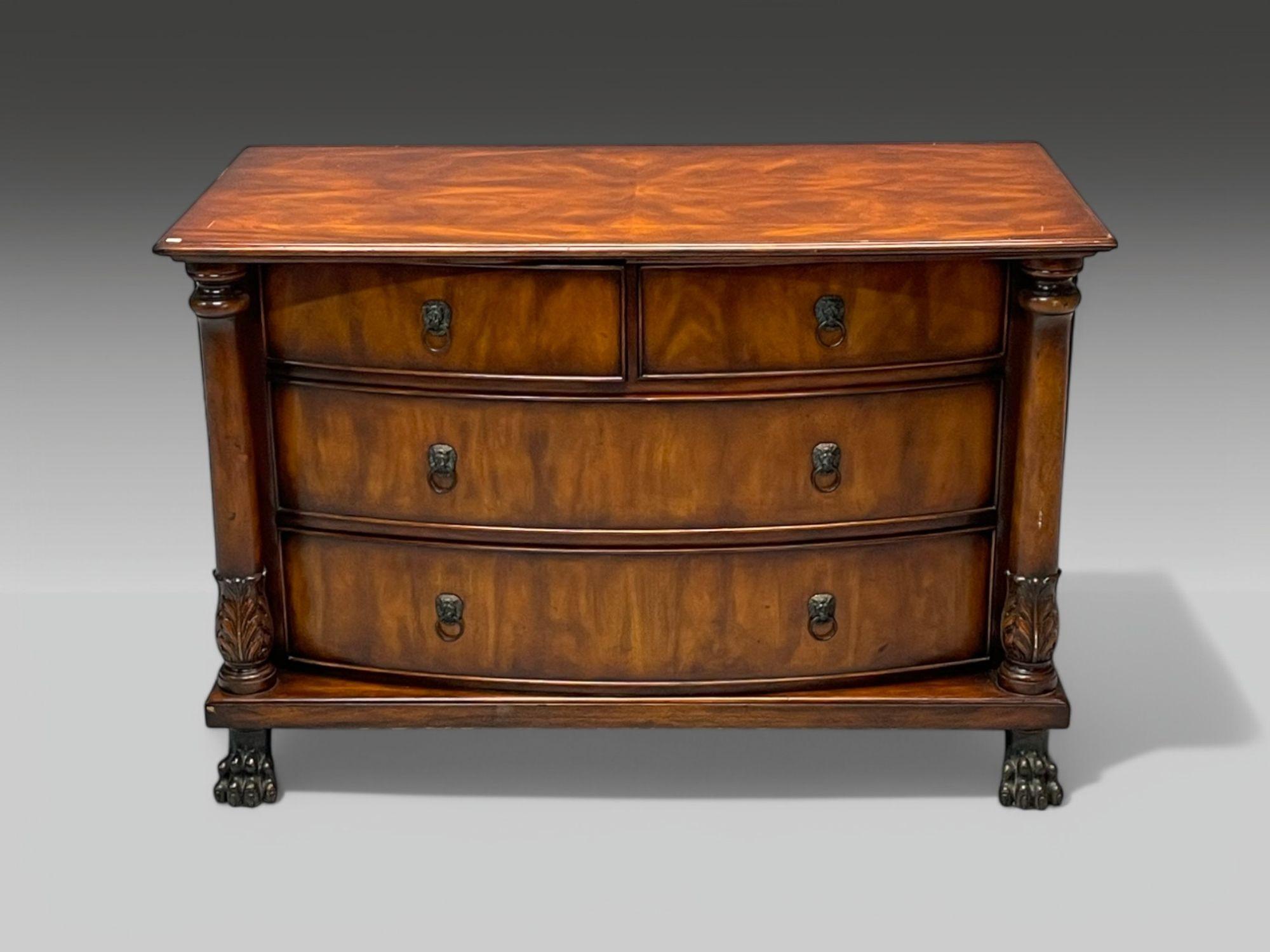 French Empire Style, Flame Mahogany, Bronze, Bow Front Dresser, USA, 20th C.

An Empire style bow front commode designed and produced in the second half of the 20th century in the United States.

Flame Mahogany, Bronze; USA c. 1980s

Height: 37.75