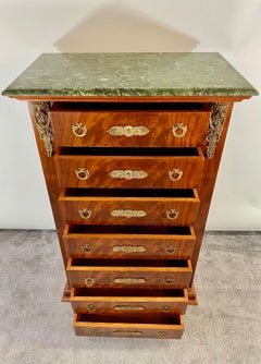 French Empire Style Flame Mahogany Bronze Mounted Marble Top Chest, Dresser