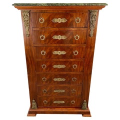 Antique French Empire Style Flame Mahogany Bronze Mounted Marble Top Chest, Dresser