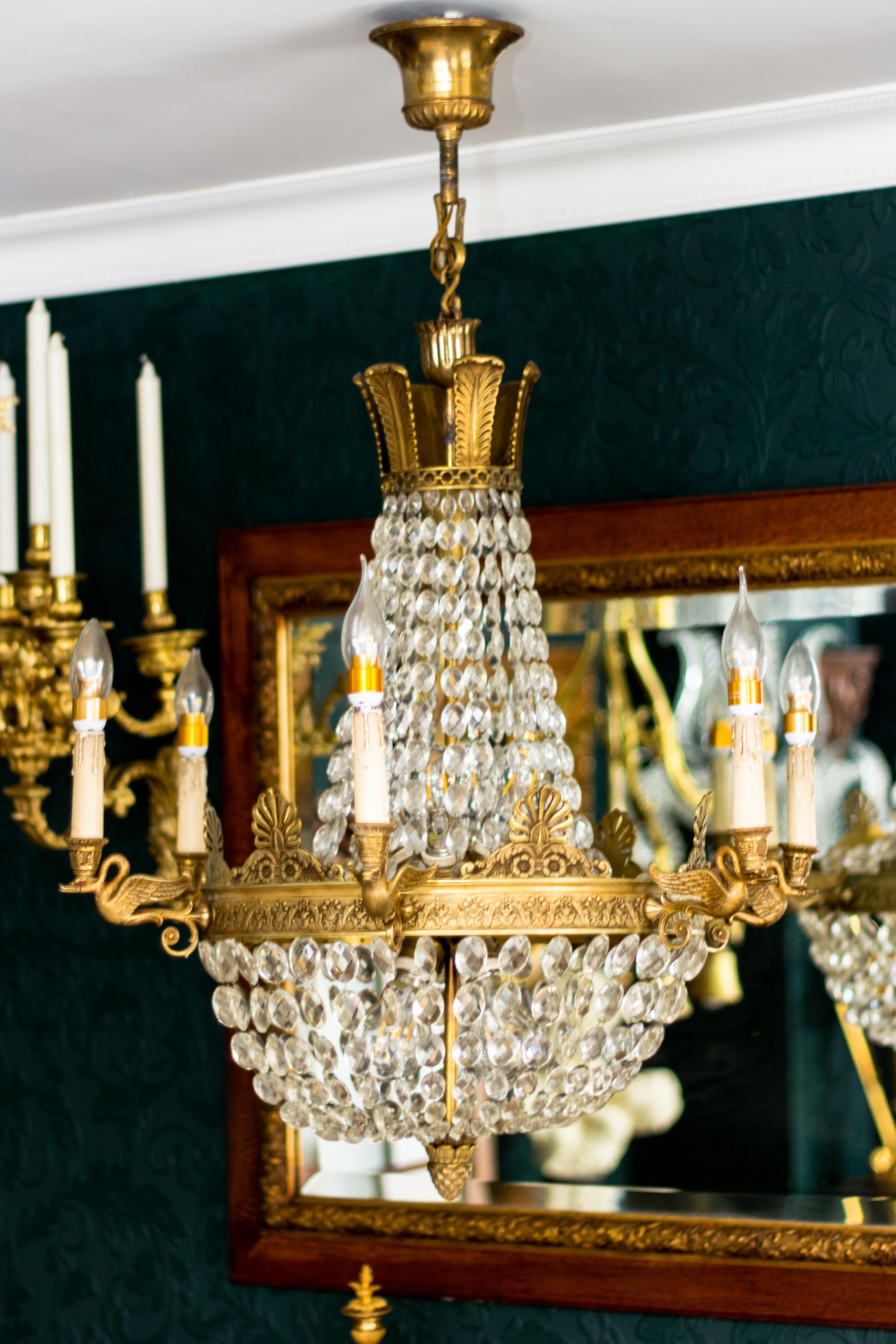French Empire Style Fourteen-Light Crystal and Bronze Basket Chandelier 7