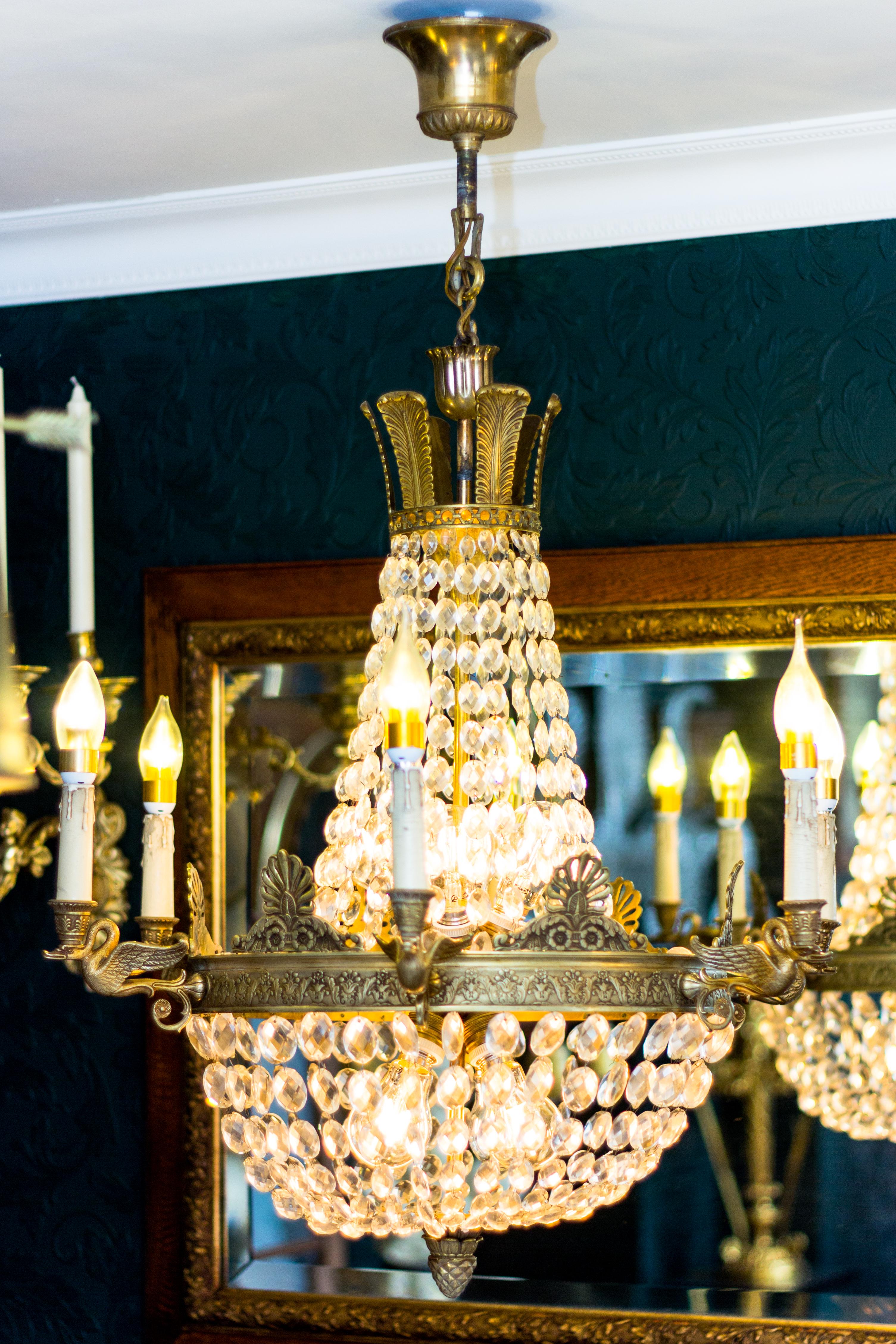 French Empire Style Fourteen-Light Crystal and Bronze Basket Chandelier 8