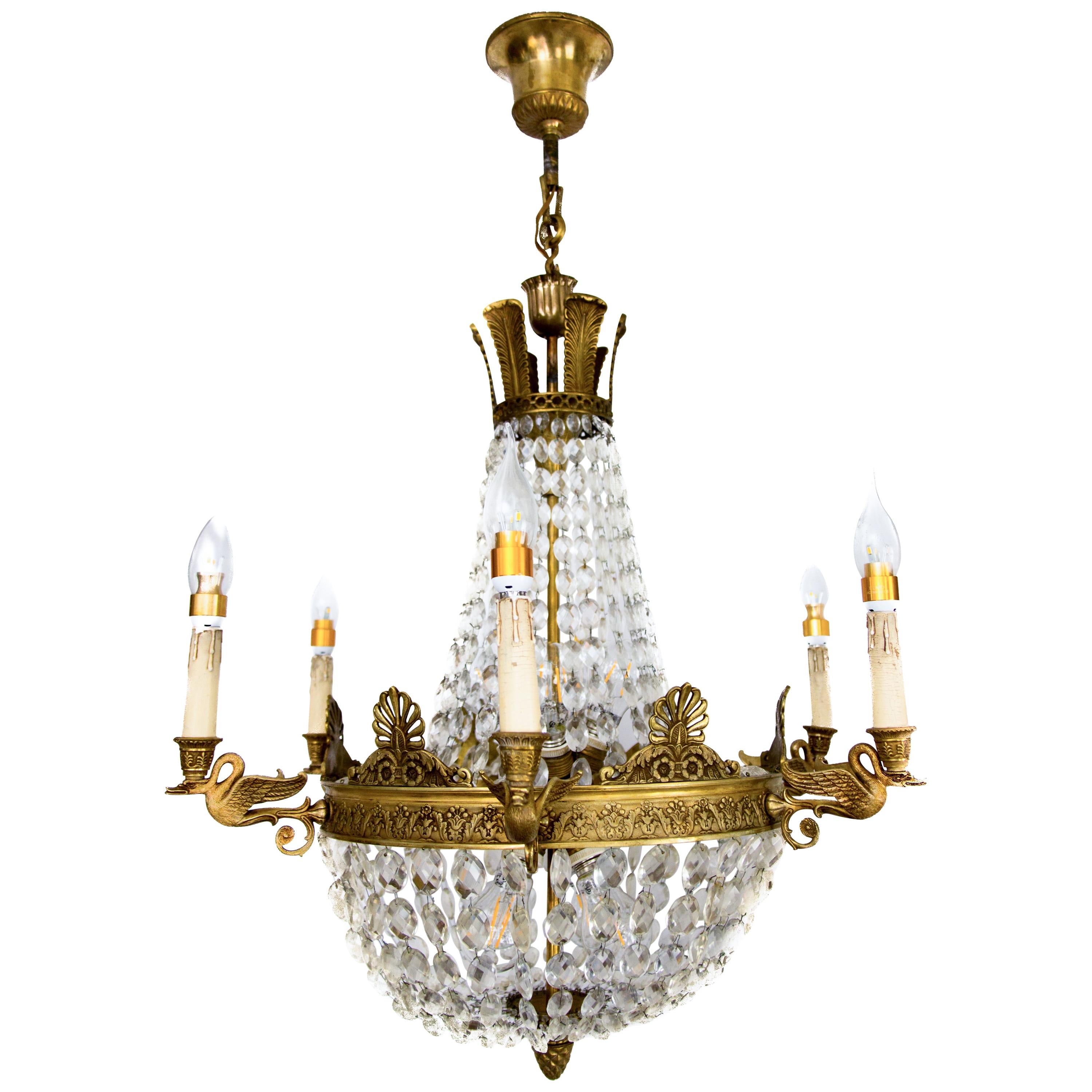 French Empire Style Fourteen-Light Crystal and Bronze Basket Chandelier