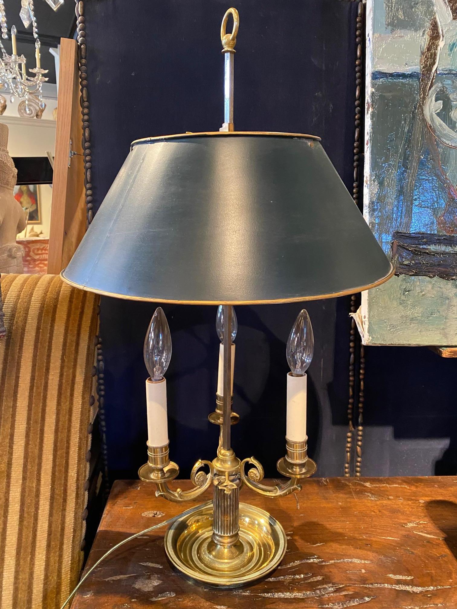 French Empire style gilded bronze Bouillotte lamp with 3 arms with dark green tole shade.