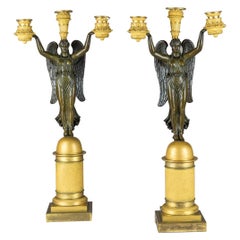 French Empire Style Gilt and Patinated Bronze Three-light Figural Candelabra