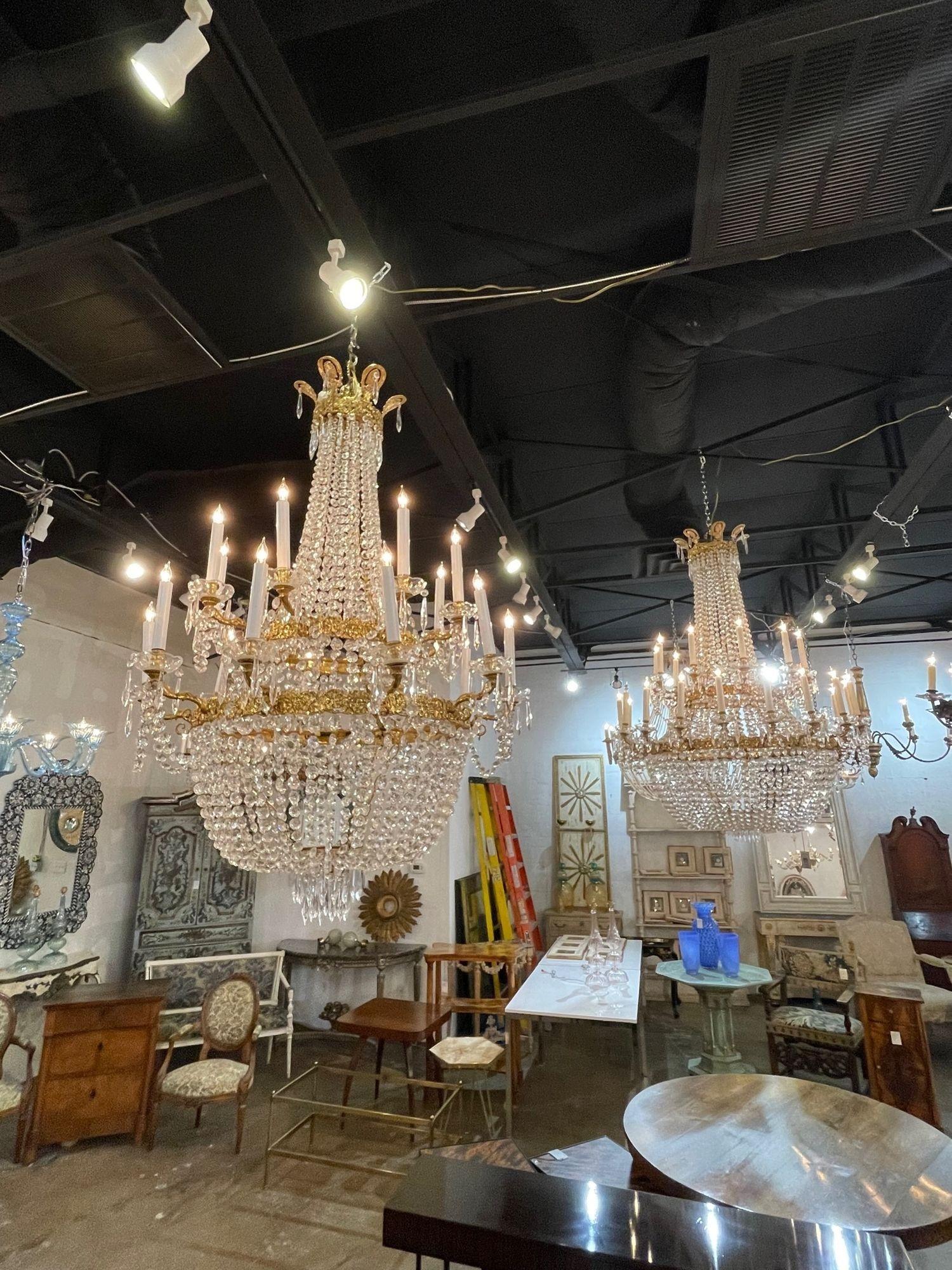 French Empire Style Gilt Brass and Crystal Basket Chandelier with 18 Lights In Good Condition In Dallas, TX