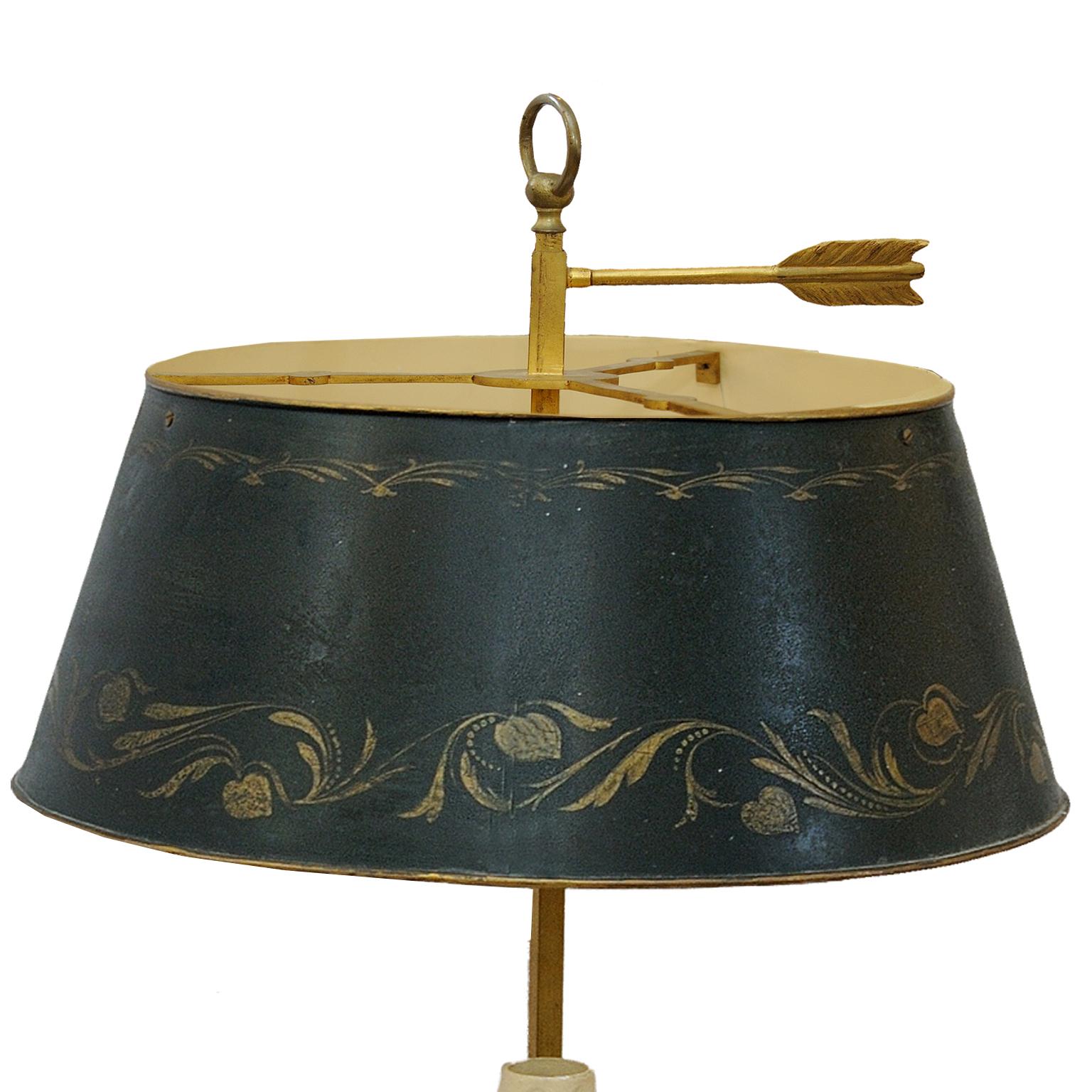 This is a very good quality and desirable French Empire style gilt brass Bouillotte Lamp with adjustable hand painted tole shade. The three branches decorated with eagle heads. Re-wired and PAT tested, circa 1880.