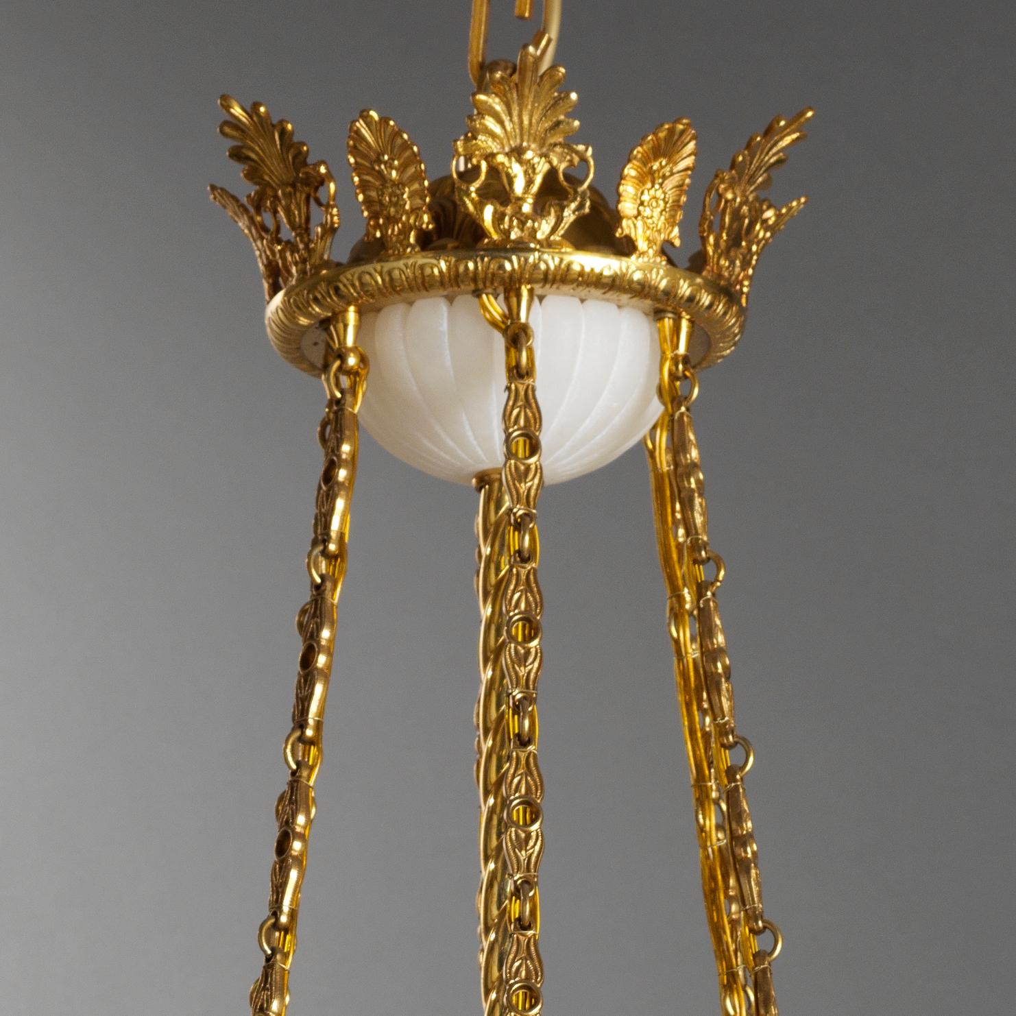 Gilt French Empire Style Bronze and Alabaster Chandelier by Gherardo Degli Albizzi For Sale