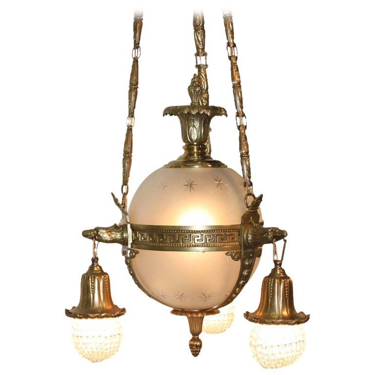  French Empire Style Gilt Bronze and Glass Spherical Chandelier For Sale