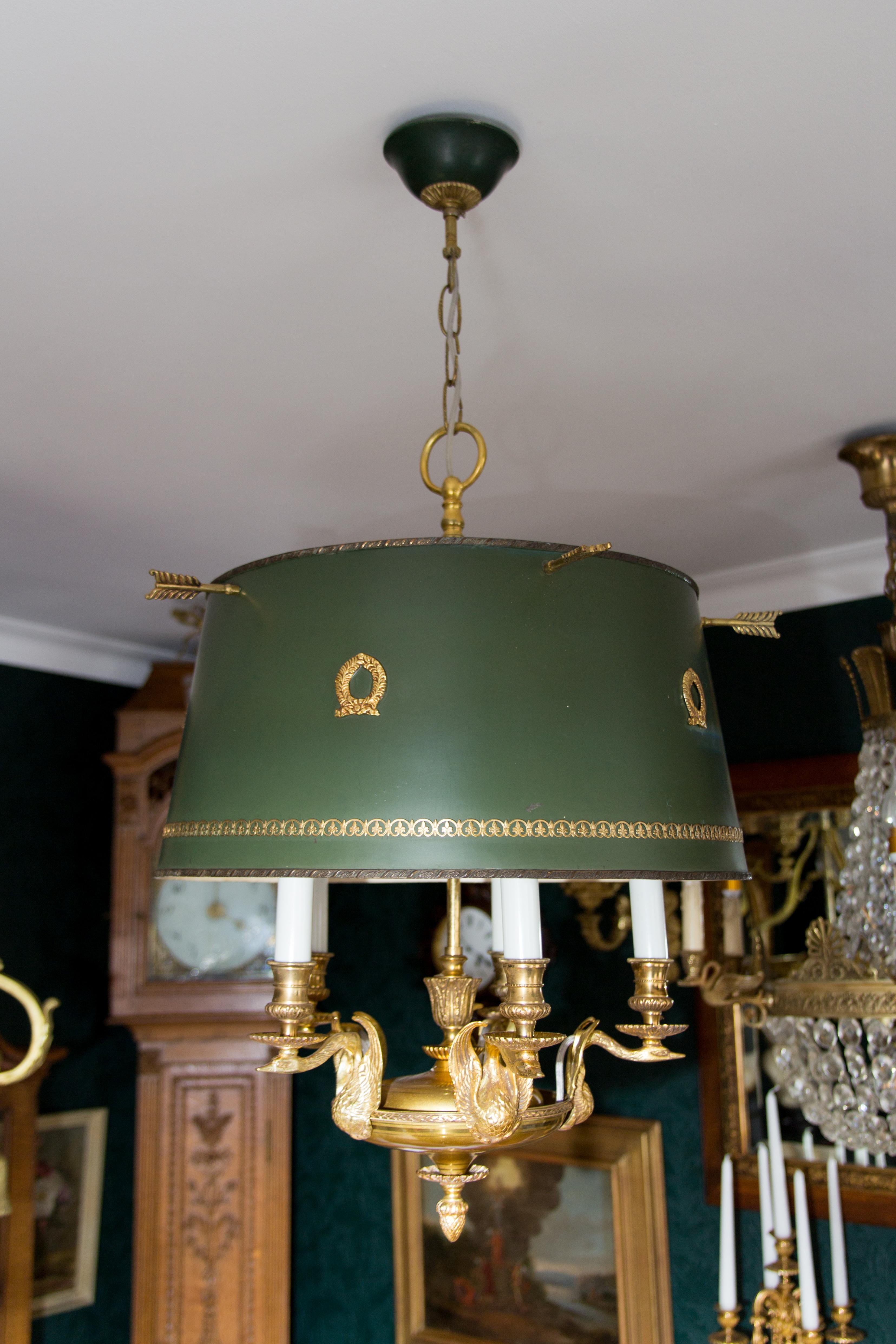 French Empire Style Gilt Bronze and Green Painted Five-Light Tole Chandelier 13