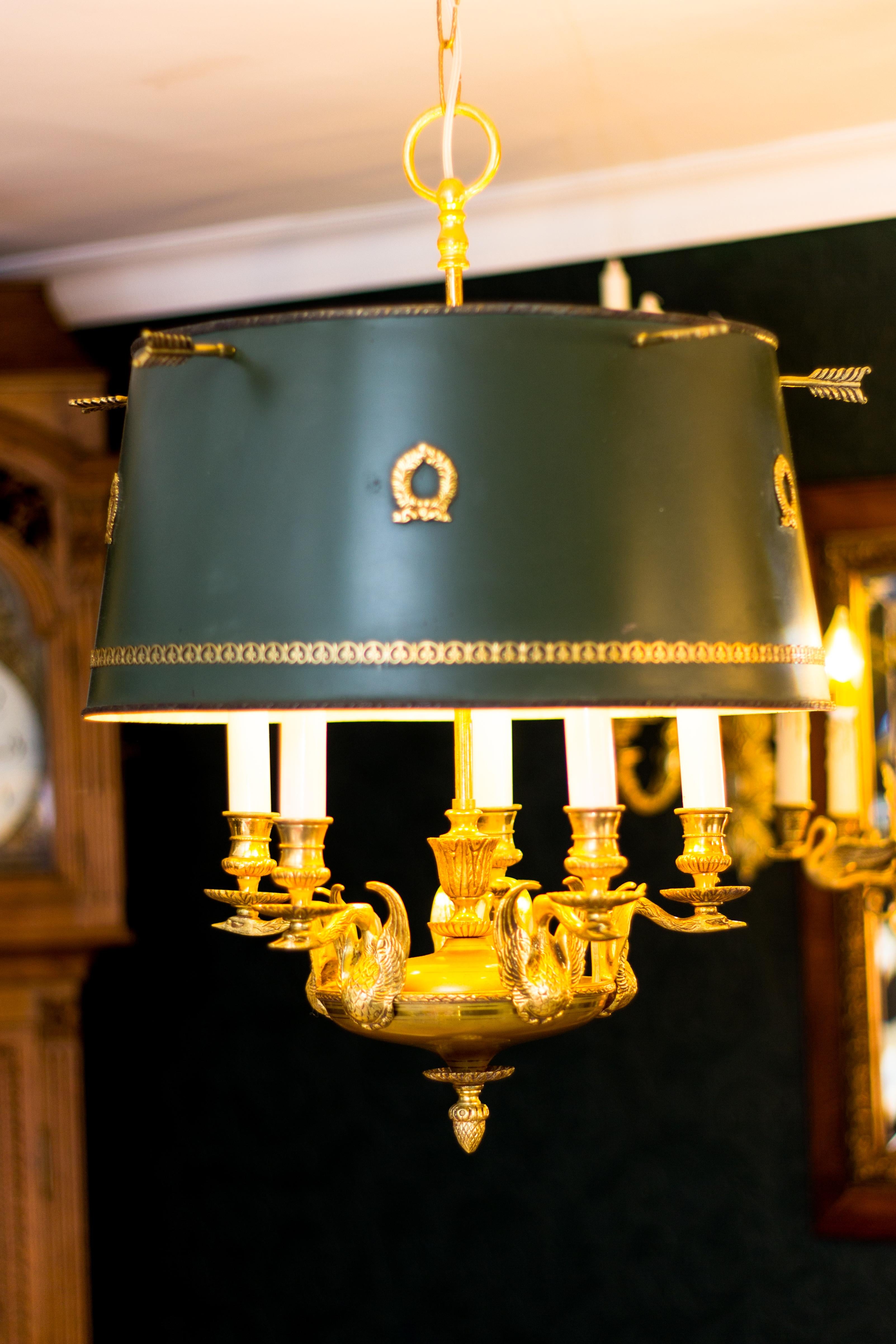 French Empire Style Gilt Bronze and Green Painted Five-Light Tole Chandelier 1