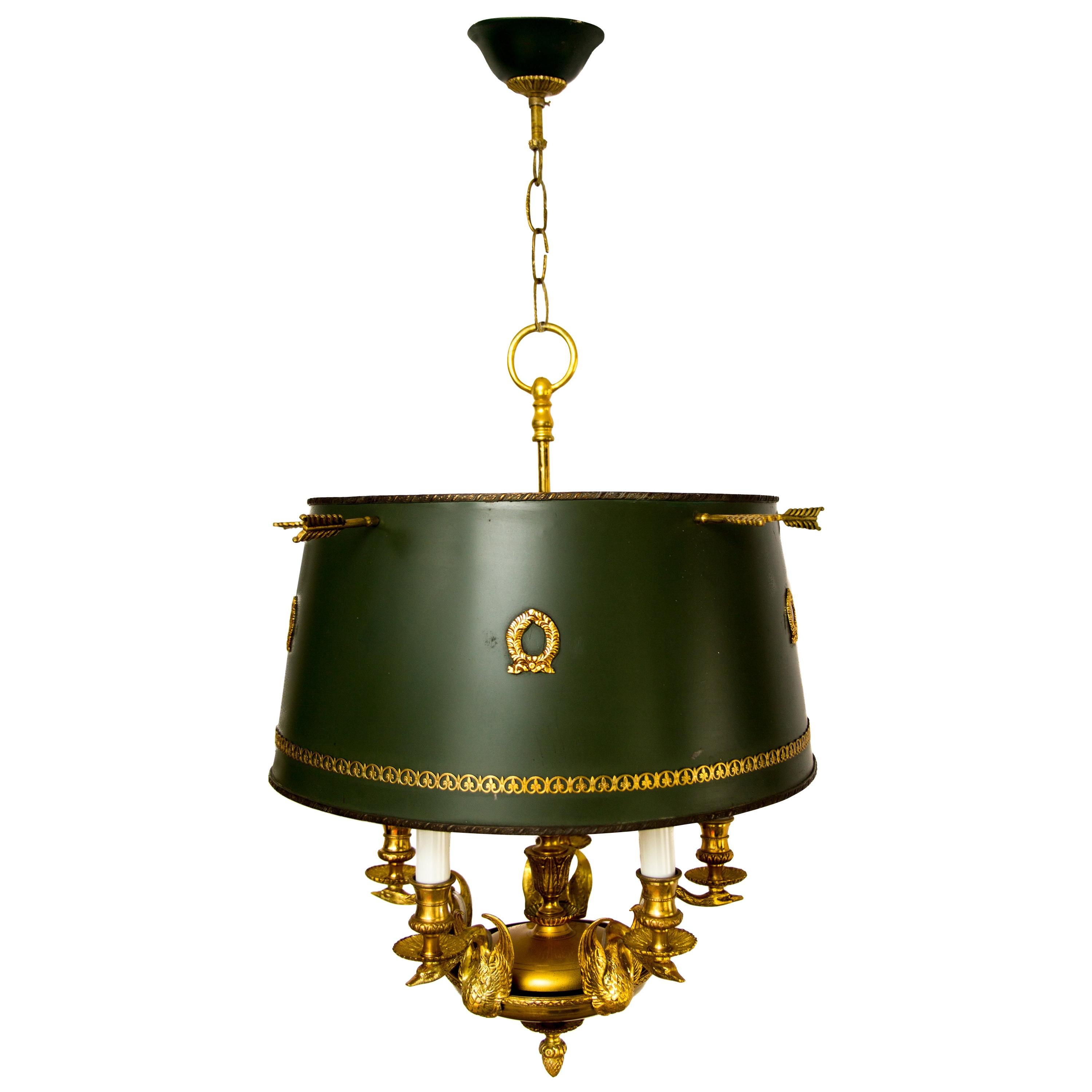 French Empire Style Gilt Bronze and Green Painted Five-Light Tole Chandelier