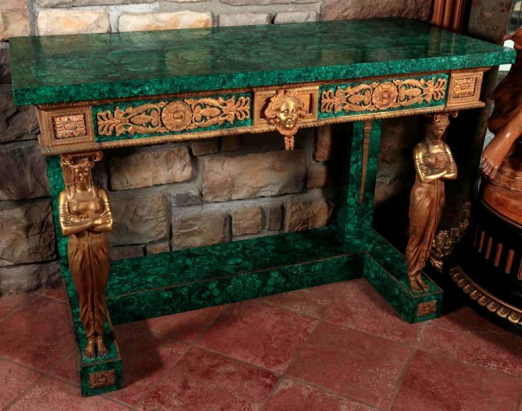 French Empire style gilt bronze and malachite console.