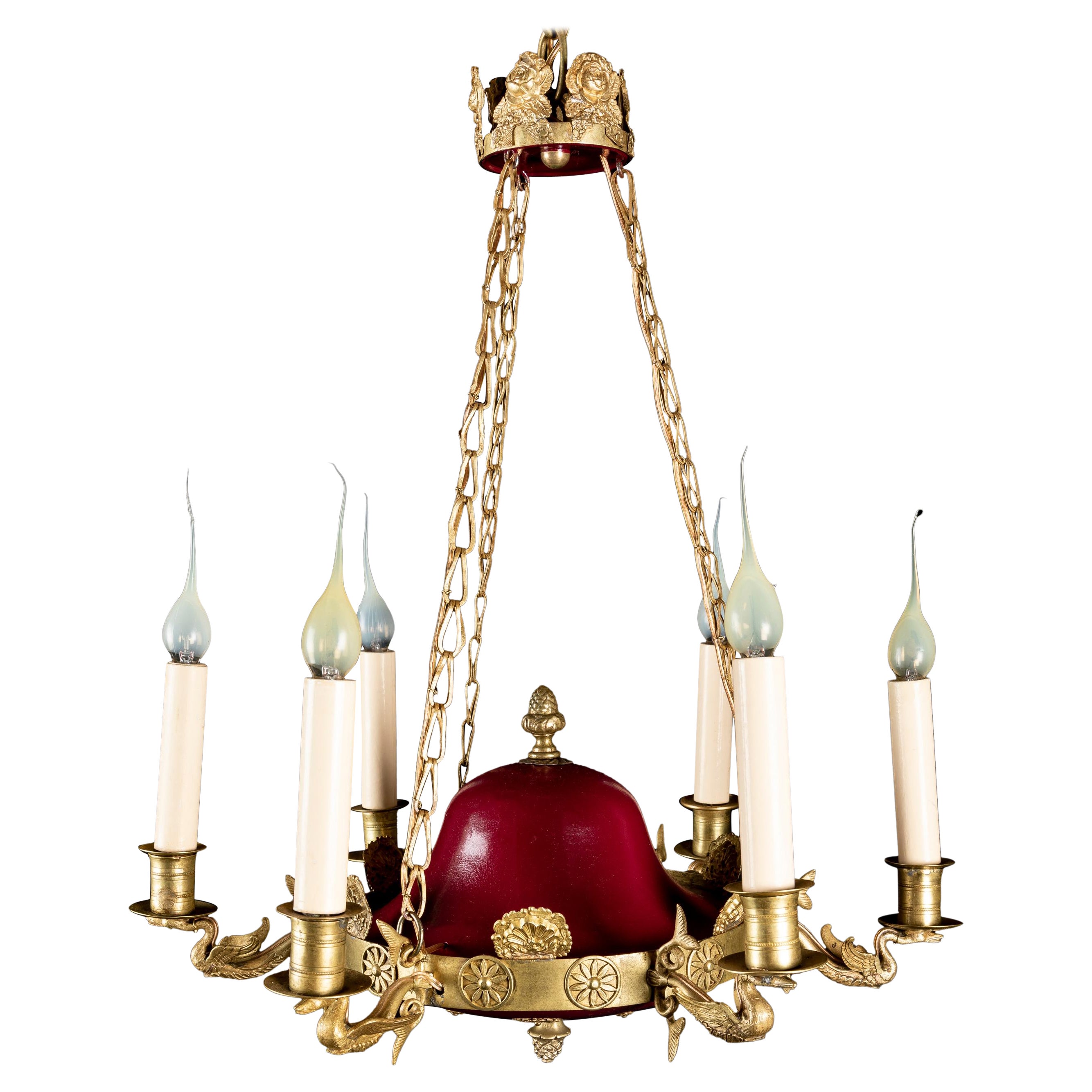 Französisch Empire-Stil GIlt Bronze und rot lackiert tole Swan Kronleuchter