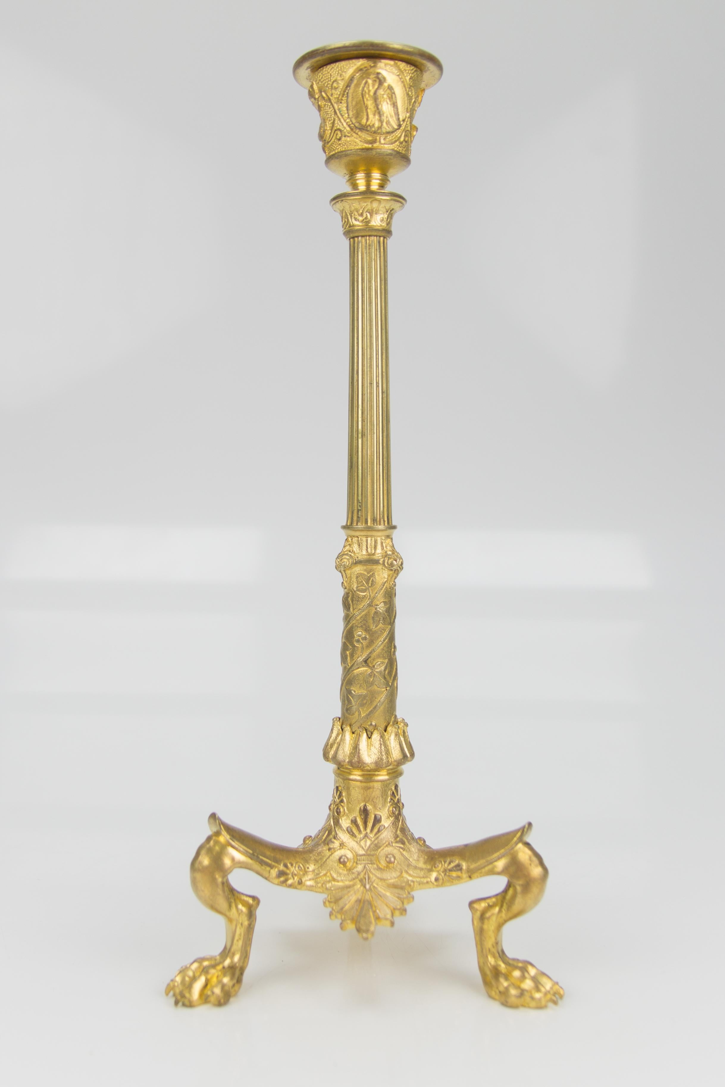 French Empire Style Gilt Bronze Candlestick on Tripod Base Claw Feet, circa 1860 6