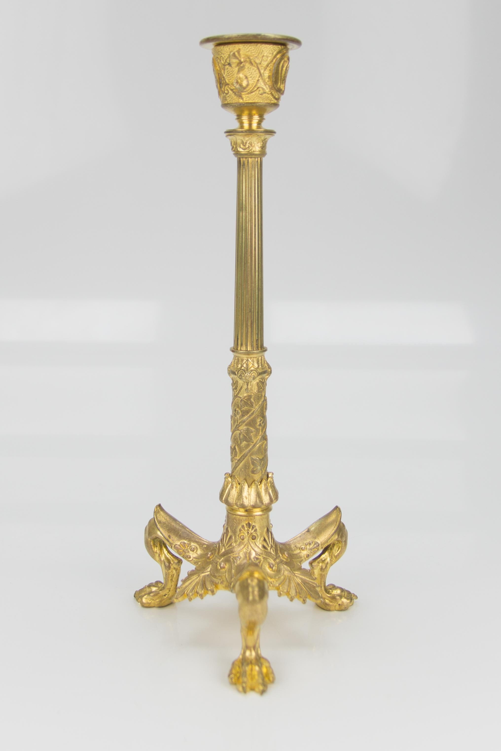 French Empire Style Gilt Bronze Candlestick on Tripod Base Claw Feet, circa 1860 7