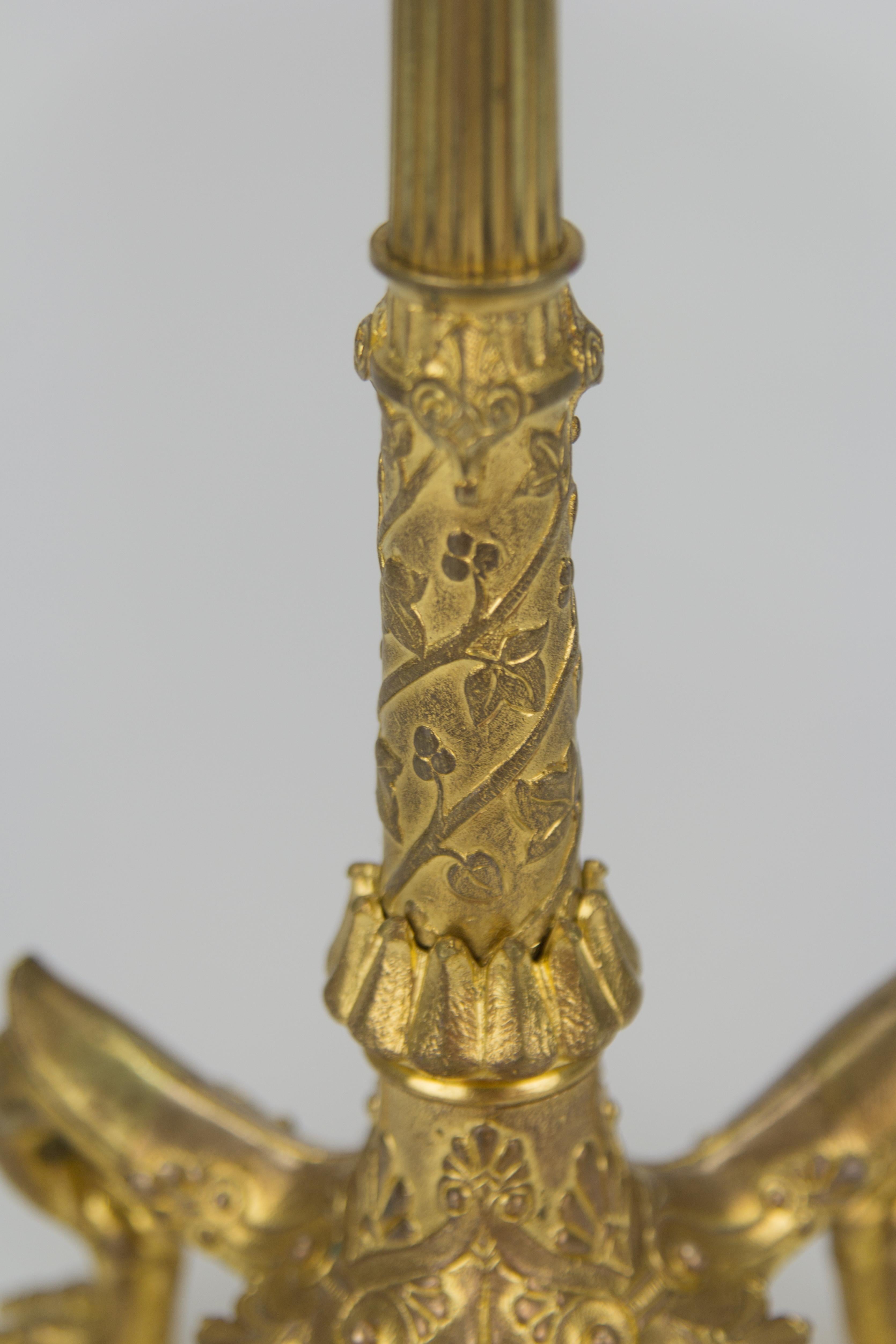 French Empire Style Gilt Bronze Candlestick on Tripod Base Claw Feet, circa 1860 9