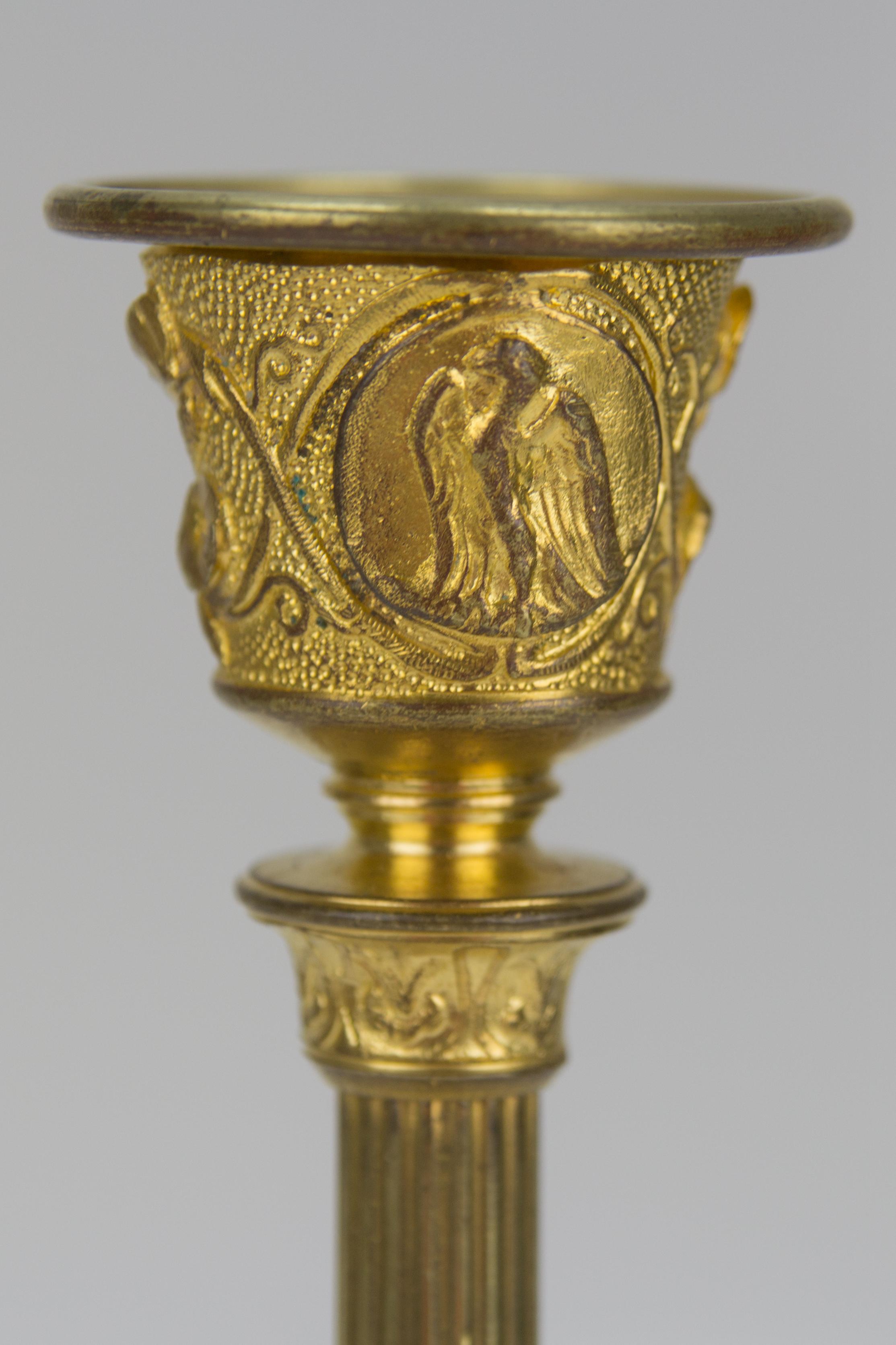 French Empire Style Gilt Bronze Candlestick on Tripod Base Claw Feet, circa 1860 10