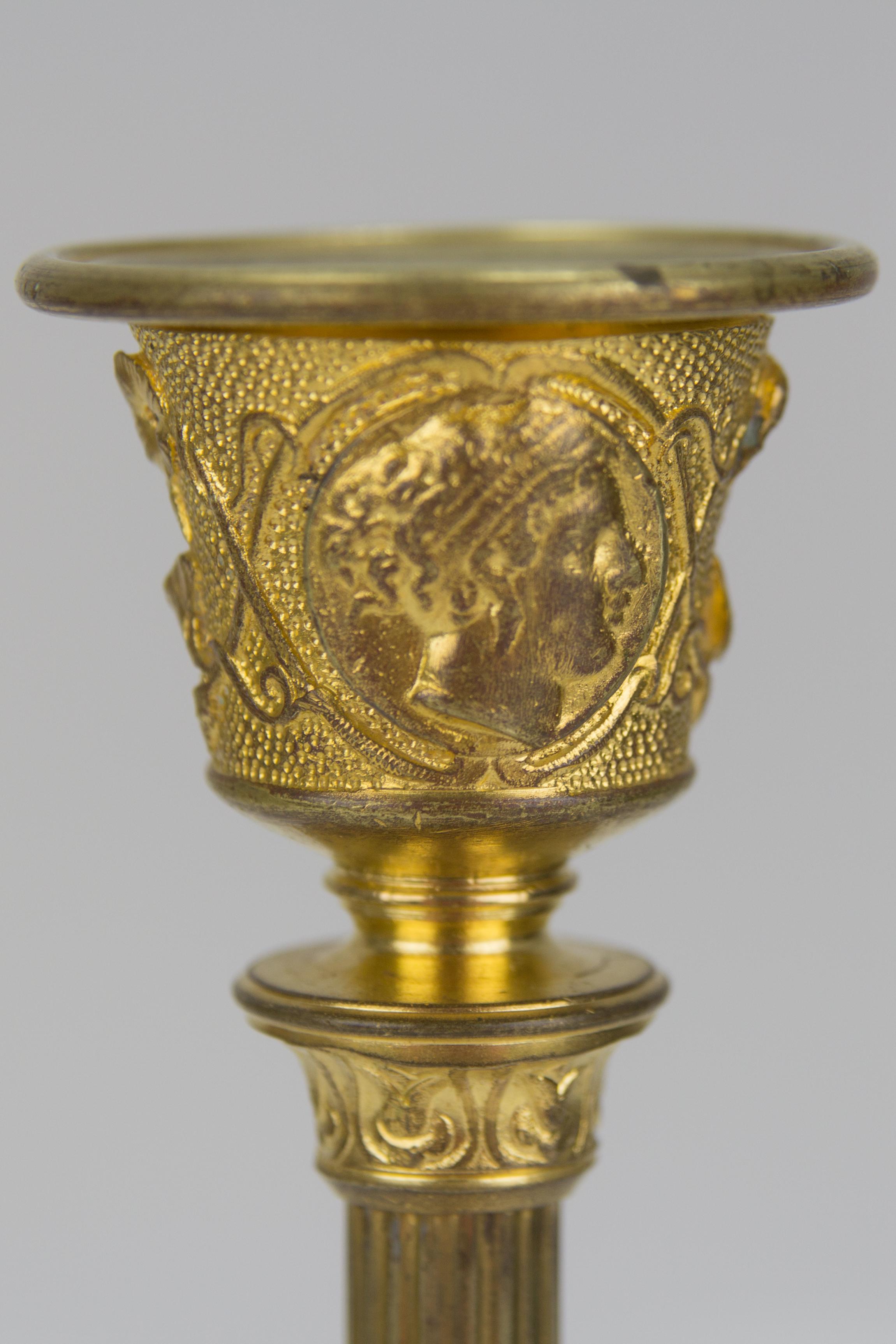 French Empire Style Gilt Bronze Candlestick on Tripod Base Claw Feet, circa 1860 11