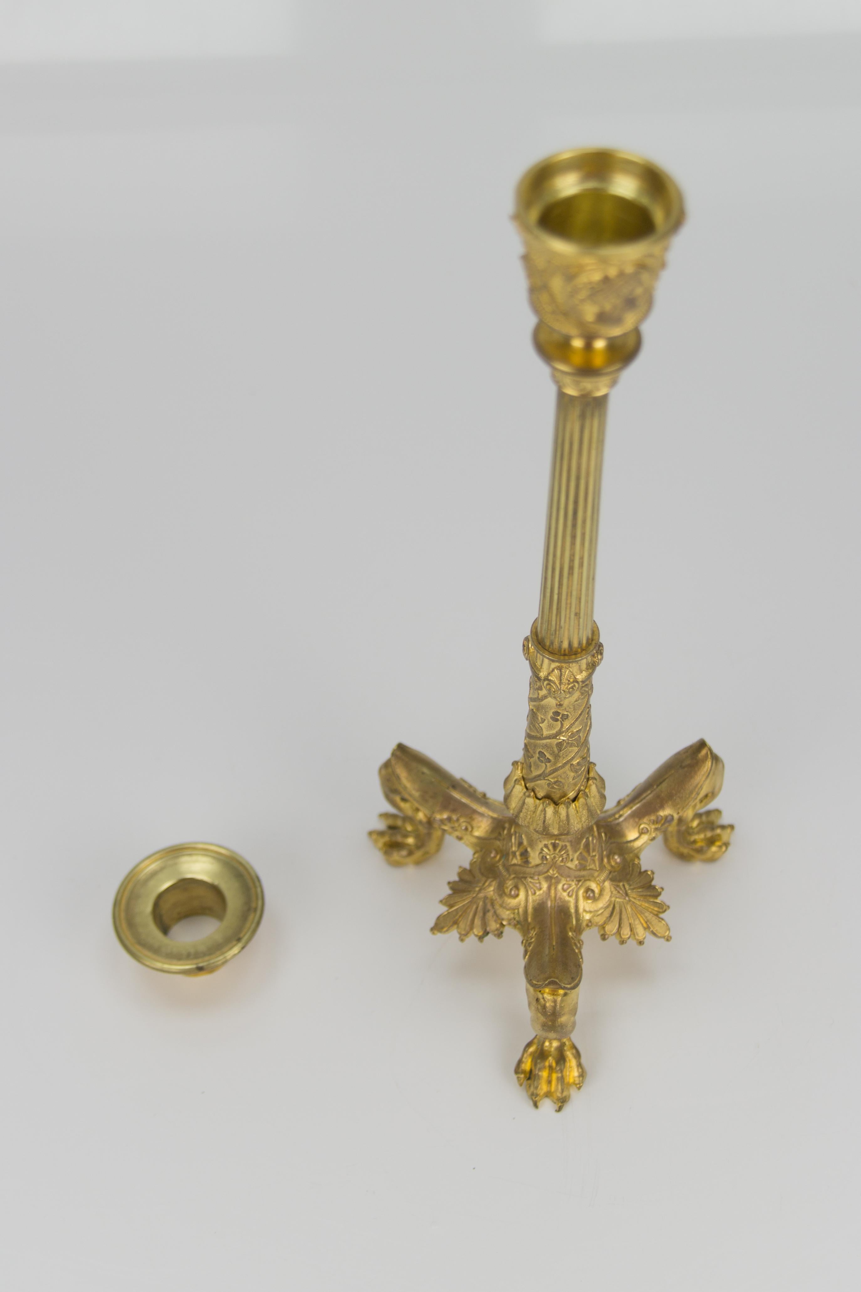 French Empire Style Gilt Bronze Candlestick on Tripod Base Claw Feet, circa 1860 12