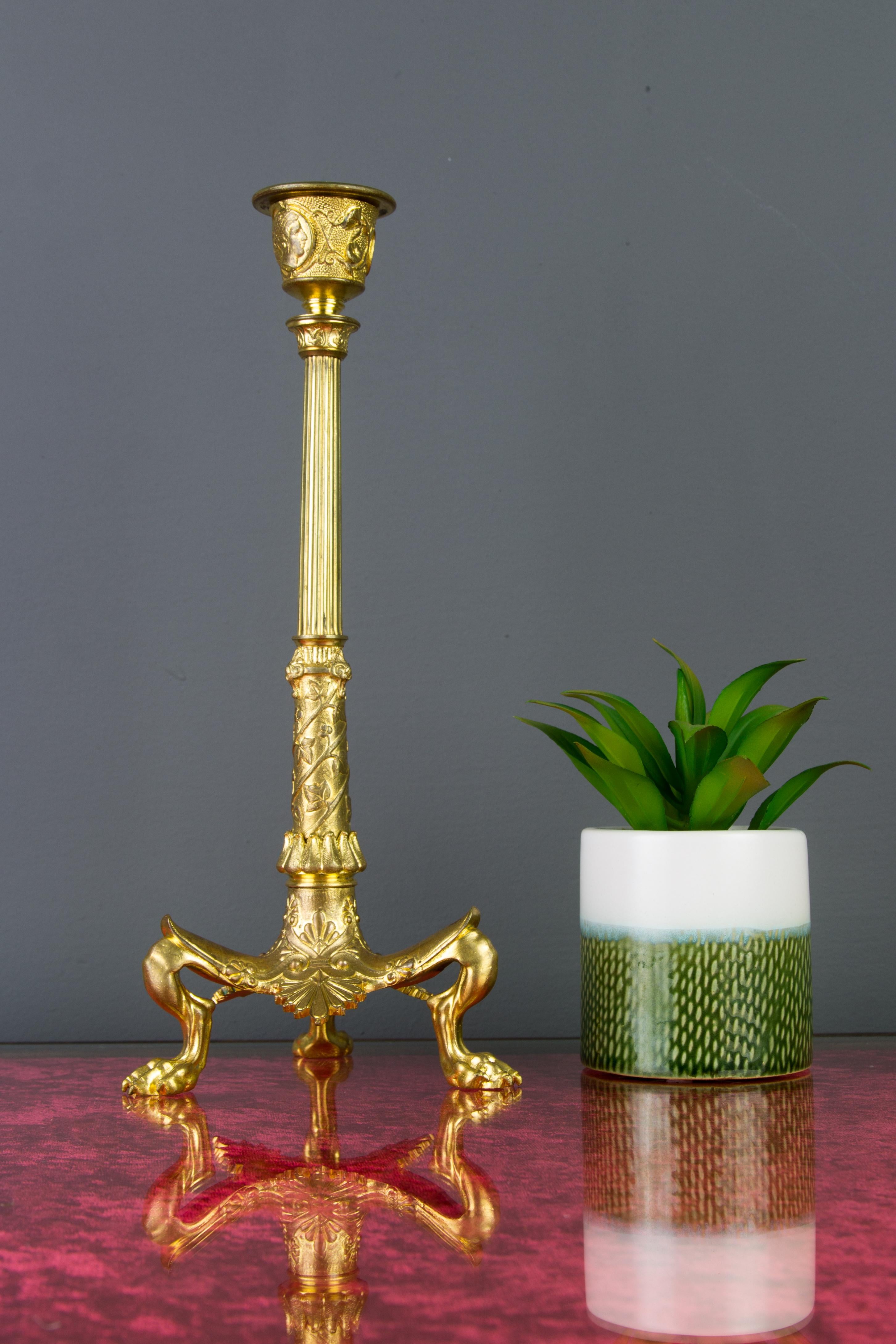 French Empire Style Gilt Bronze Candlestick on Tripod Base Claw Feet, circa 1860 In Good Condition In Barntrup, DE