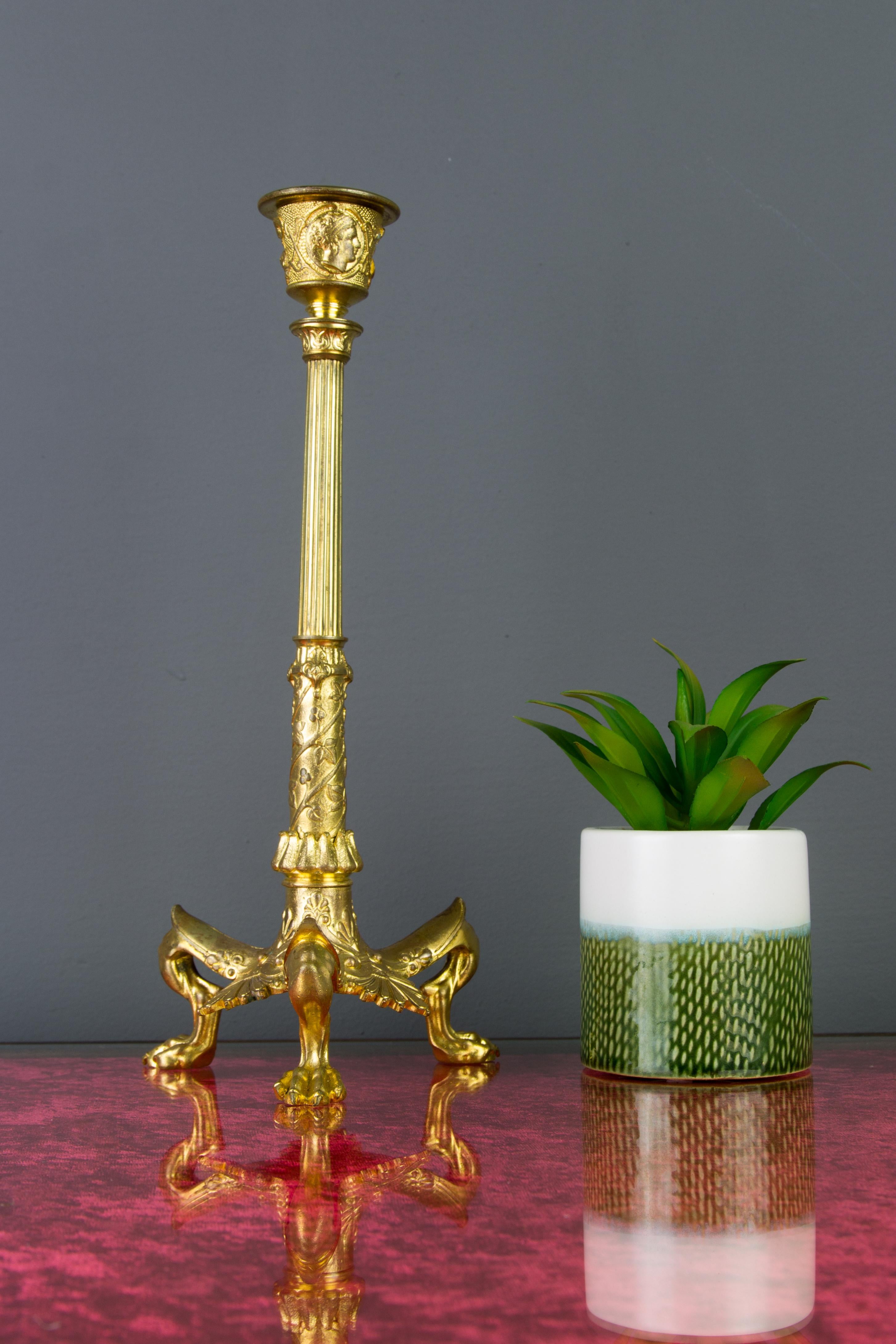 Mid-19th Century French Empire Style Gilt Bronze Candlestick on Tripod Base Claw Feet, circa 1860