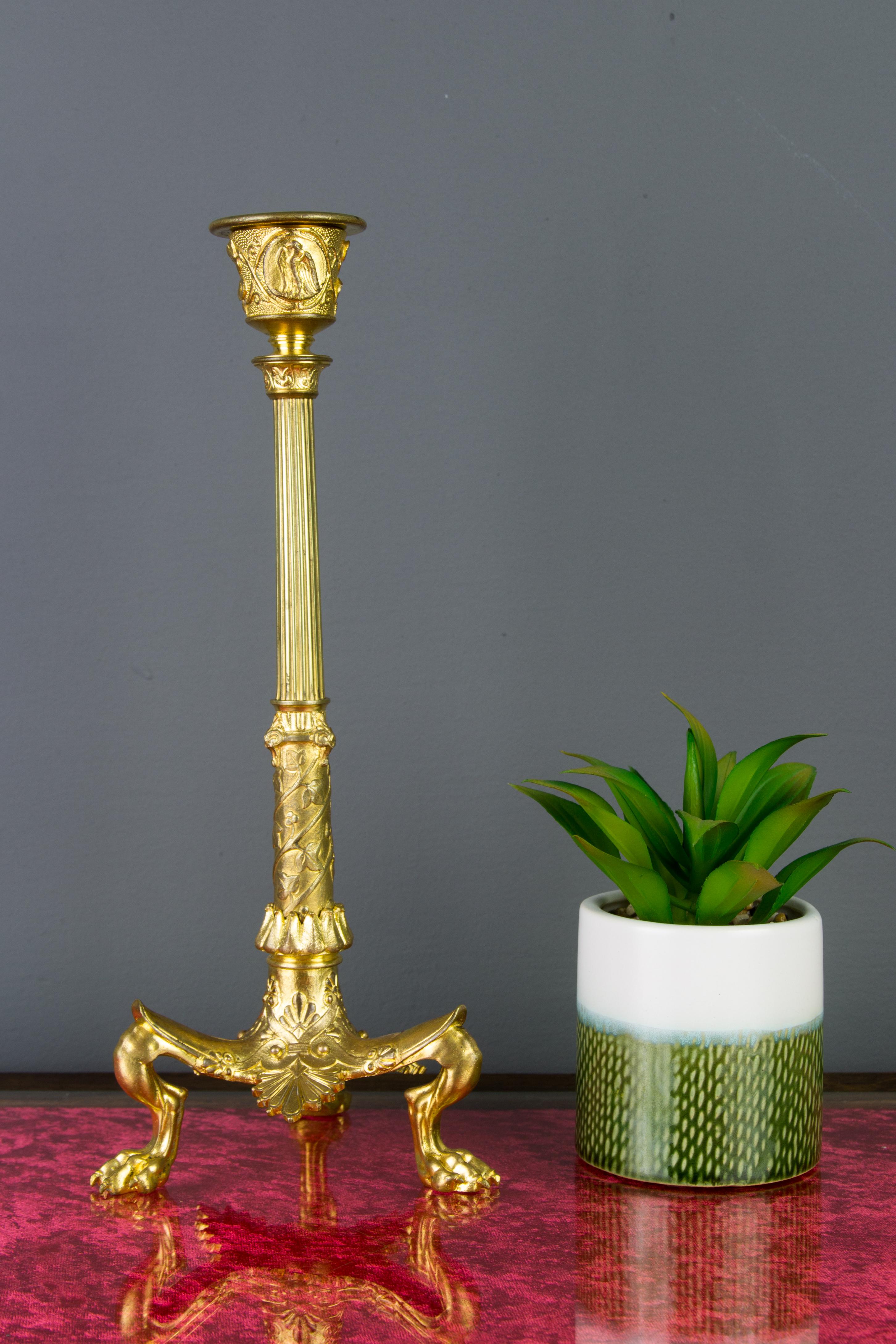 French Empire Style Gilt Bronze Candlestick on Tripod Base Claw Feet, circa 1860 2