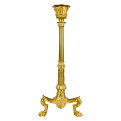 French Empire Style Gilt Bronze Candlestick on Tripod Base Claw Feet, circa 1860