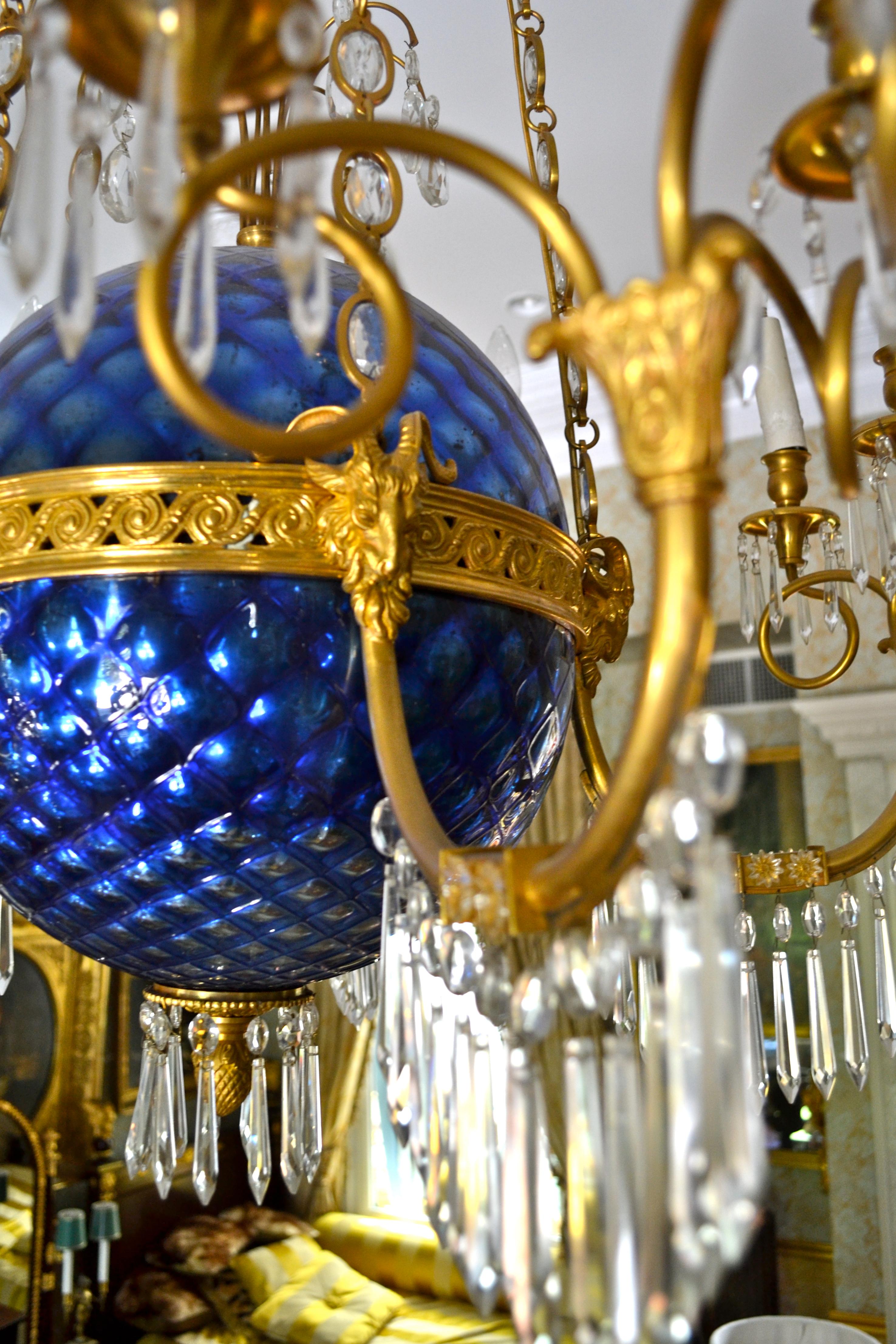  A Russian Empire Style Gilt Bronze Crystal and Blue Glass Globe Chandelier 5
