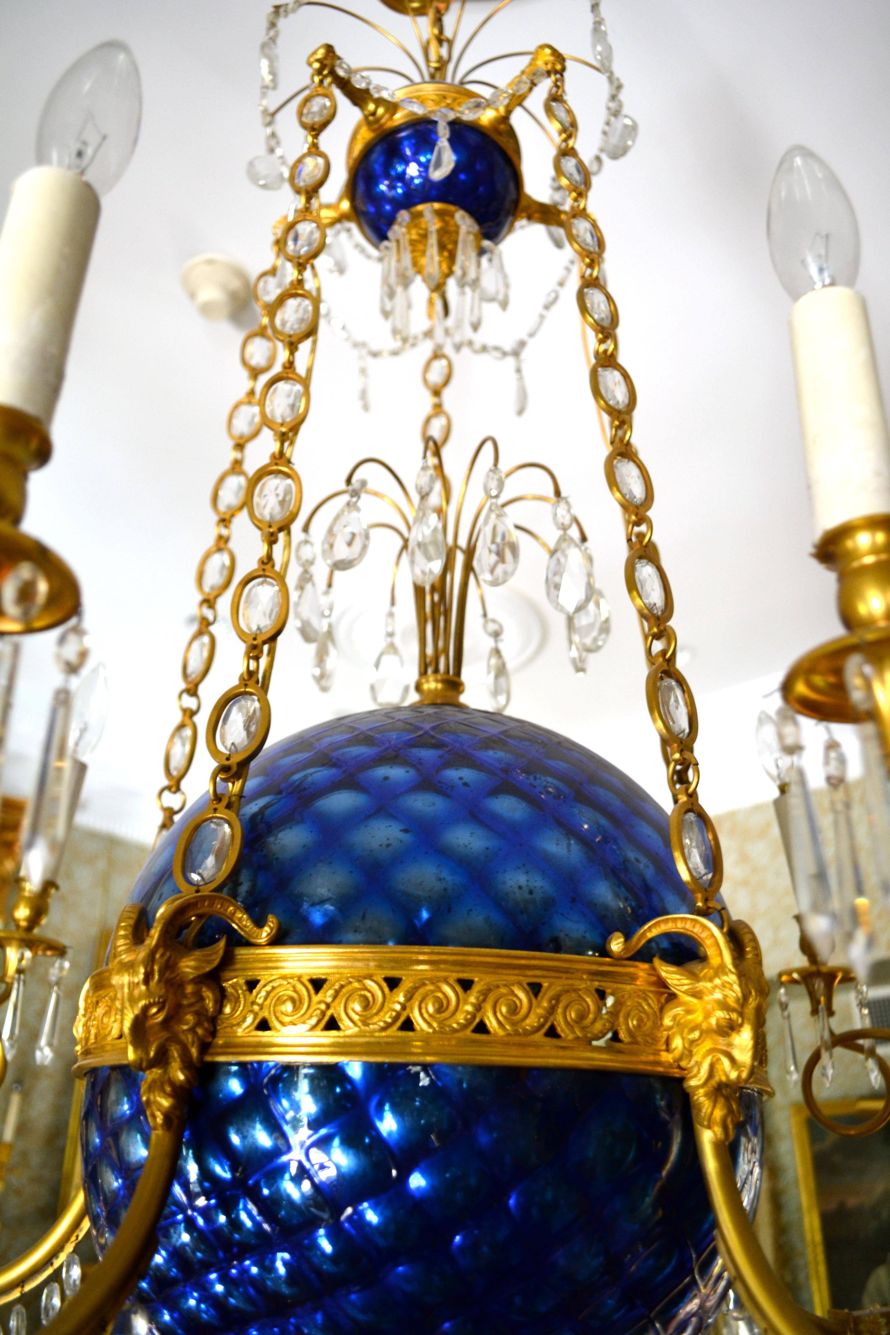 A Russian Empire Style Gilt Bronze Crystal and Blue Glass Globe Chandelier 6