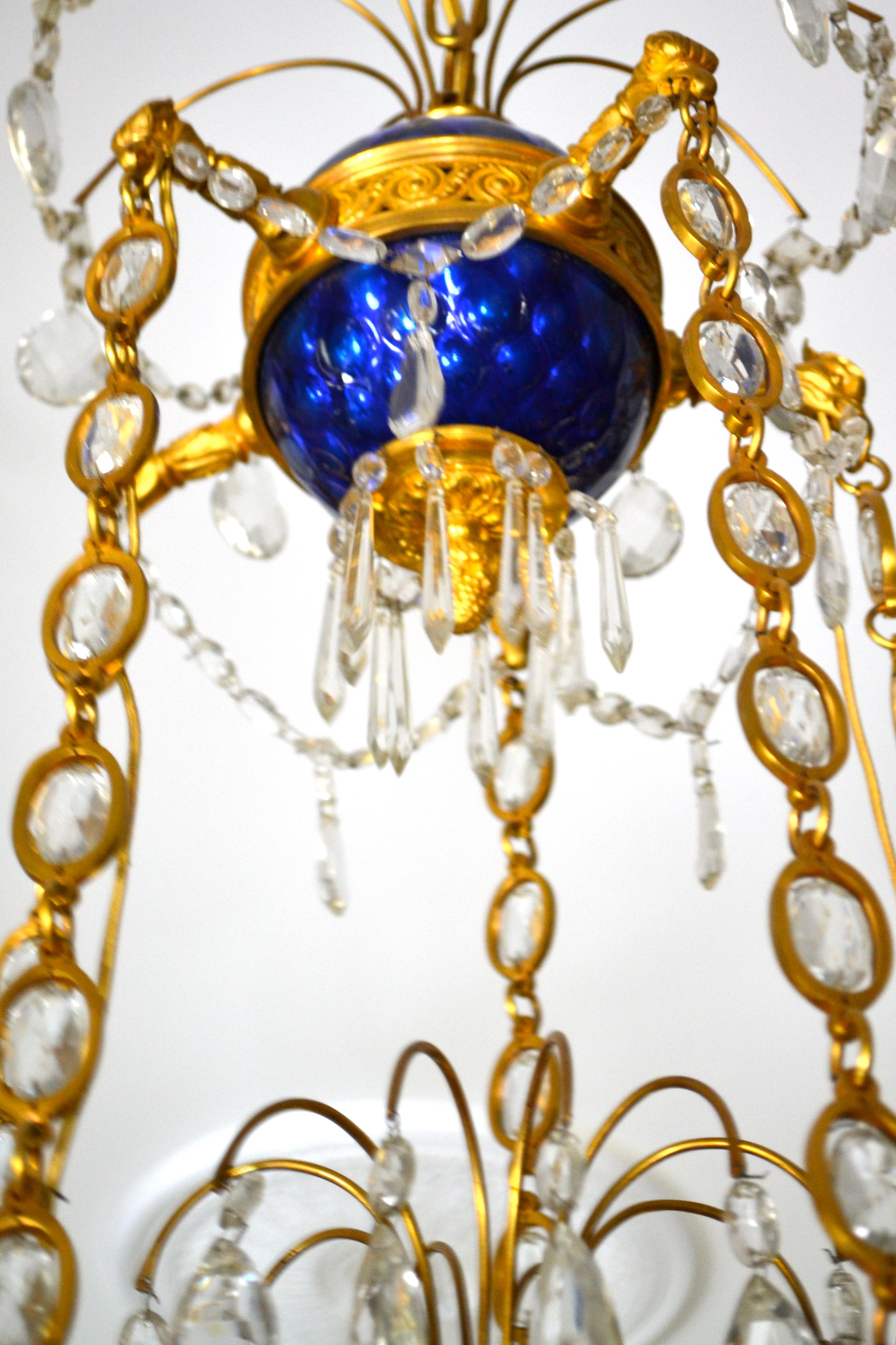 A Russian Empire Style Gilt Bronze Crystal and Blue Glass Globe Chandelier 7